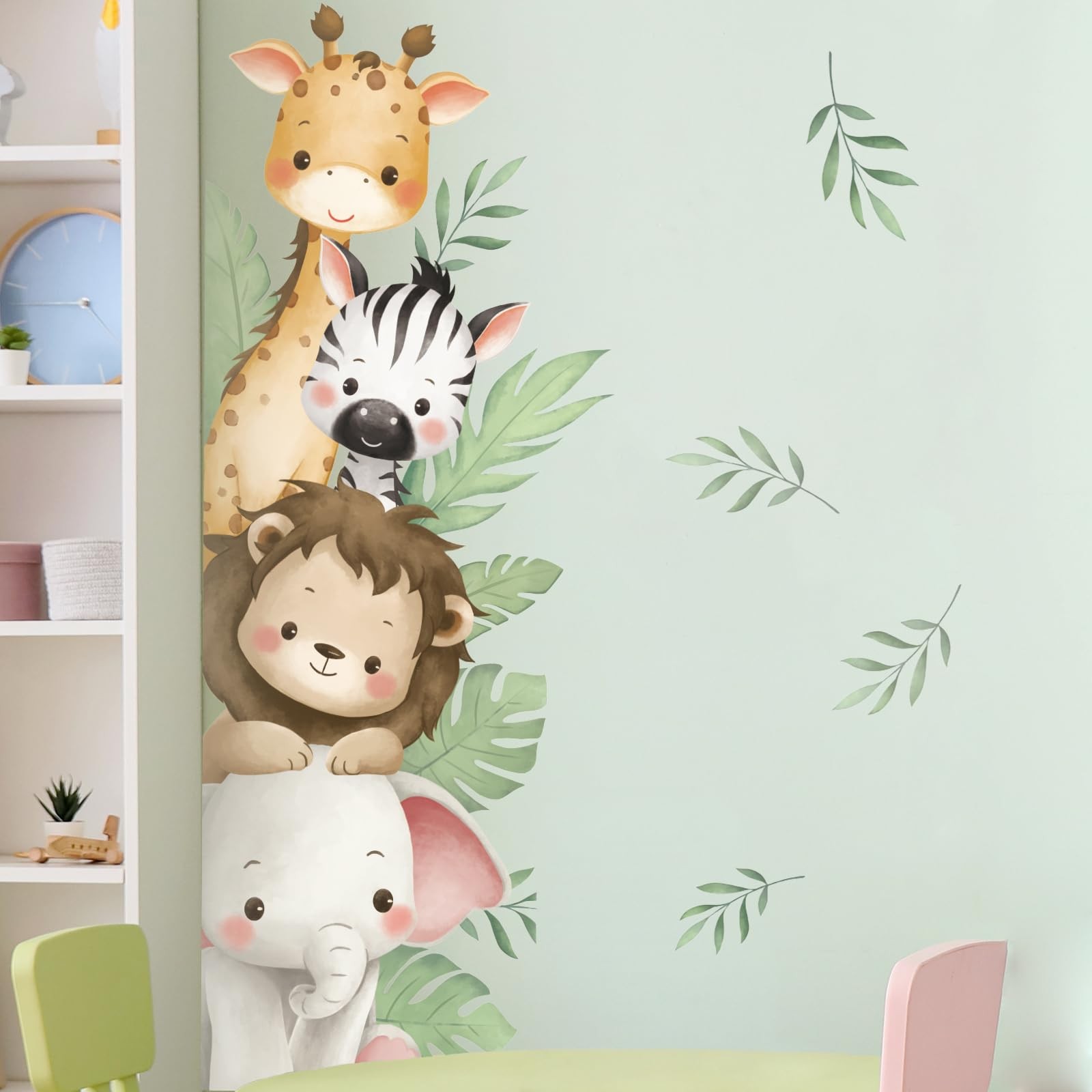 Watercolor Jungle Animal Wall Decals Peel and Stick, Vinyl Safari Elephant Li…