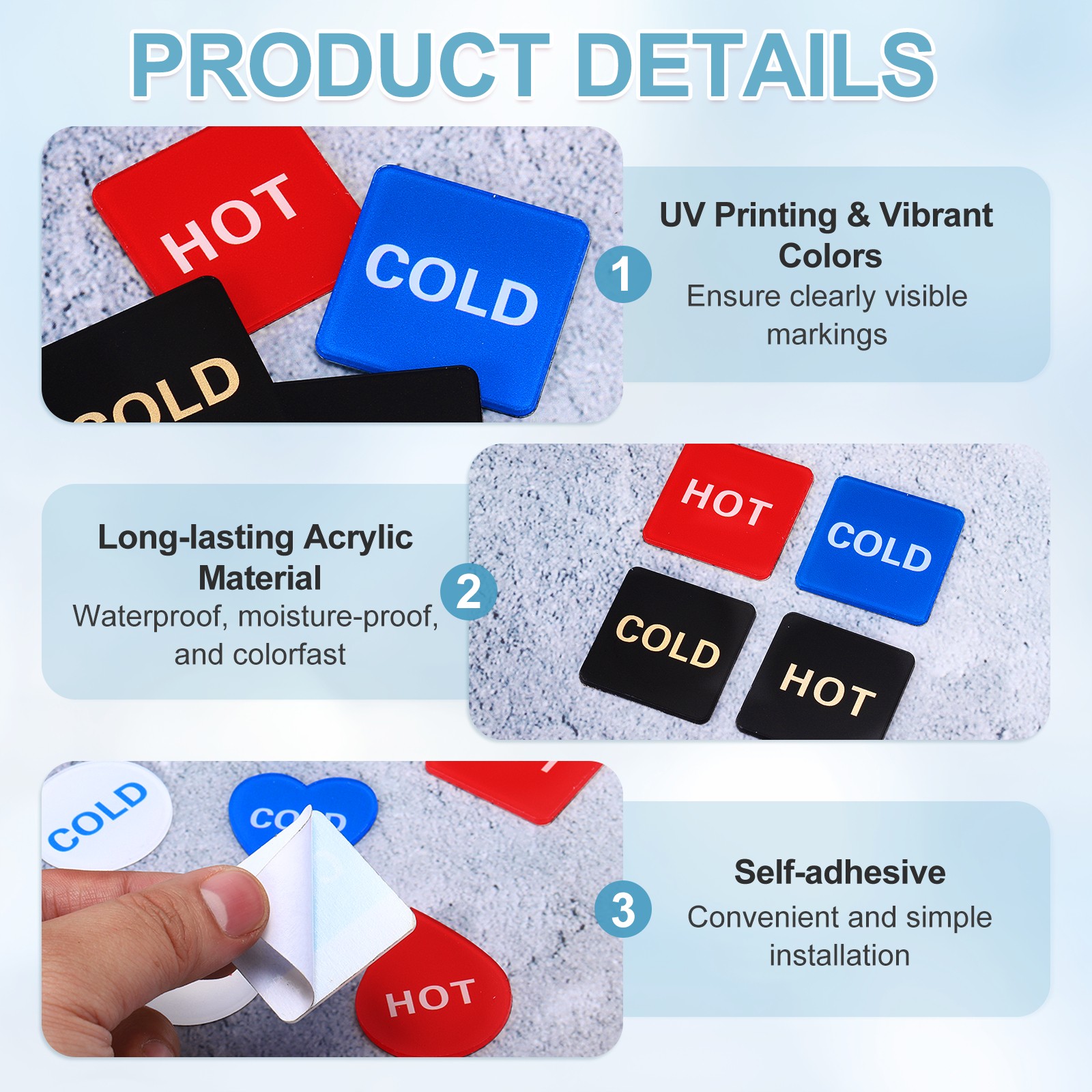 4Set Hot and Cold Self-adhesive Stickers Square, Black/Black and Red/Blue