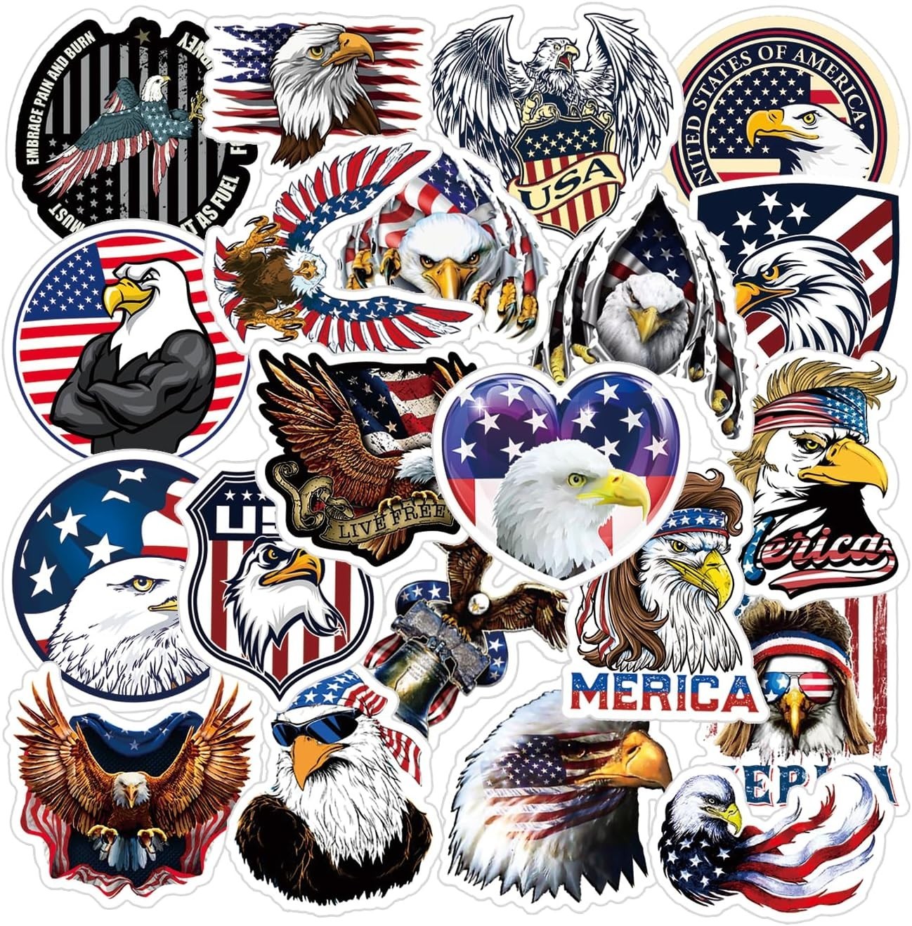 Cool Bald Eagle Stickers 25pcs Waterproof Art Deco Vinyl Pack Laptop Skateboard