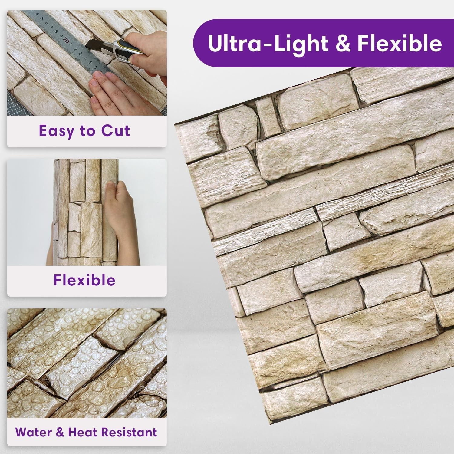 3D Peel and Stick Faux Stone Wall Panels 11.8" x 11.8" 10-Pack,Stone-Look Wall..