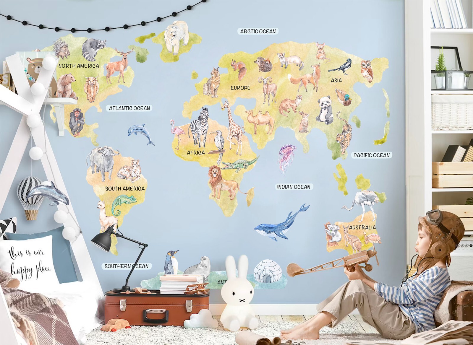 Map Wall Decal with World Representative Animals Removable Fabric Wall Sticker