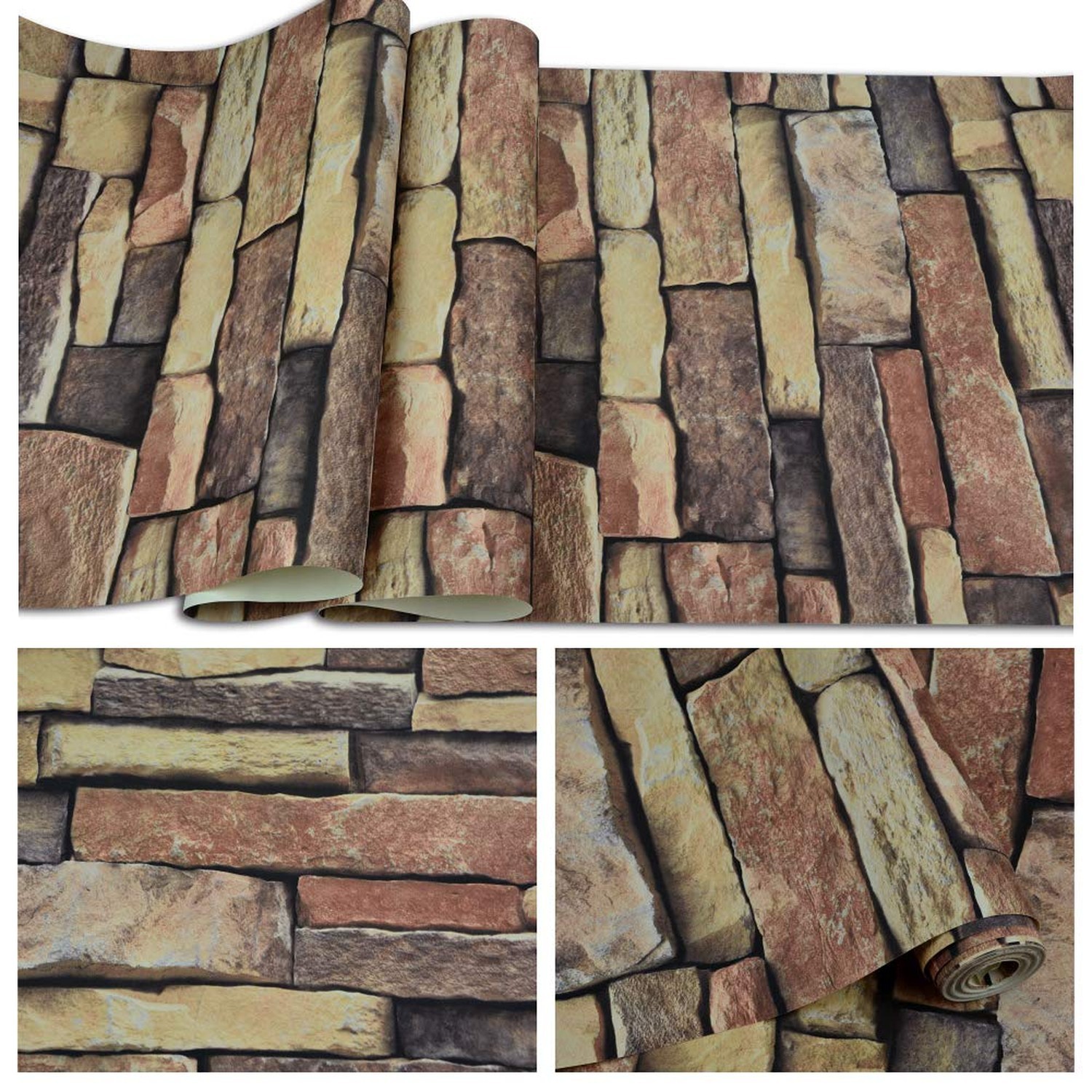 Faux Brick Plank Non-Pasted Wallpaper,Brown/Milky White Home Kitchen Bedroom …