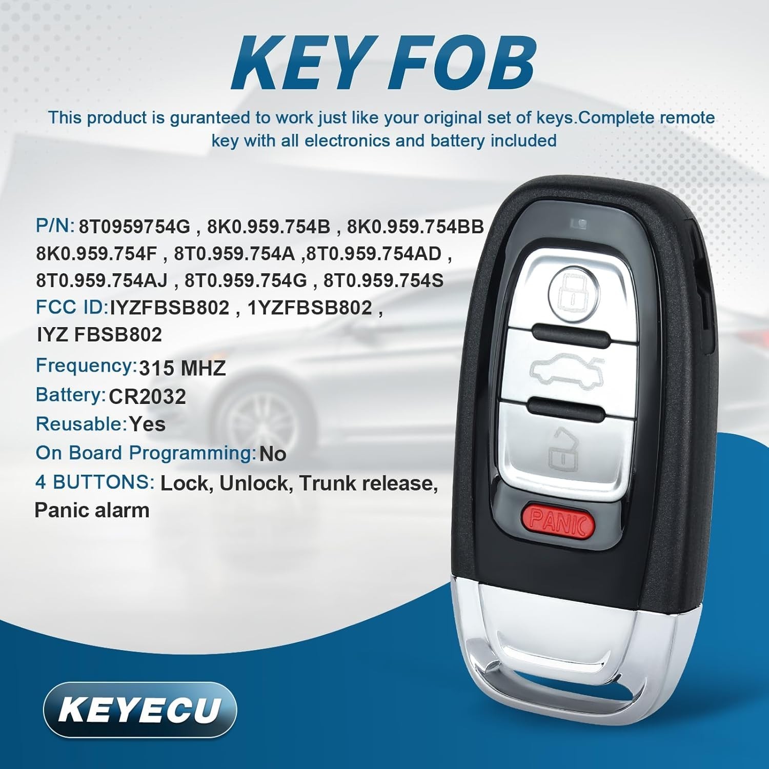Replacement Smart Prox Keyless Entry Remote Key Fob for Audi A4 A5 Q5 2010 2011