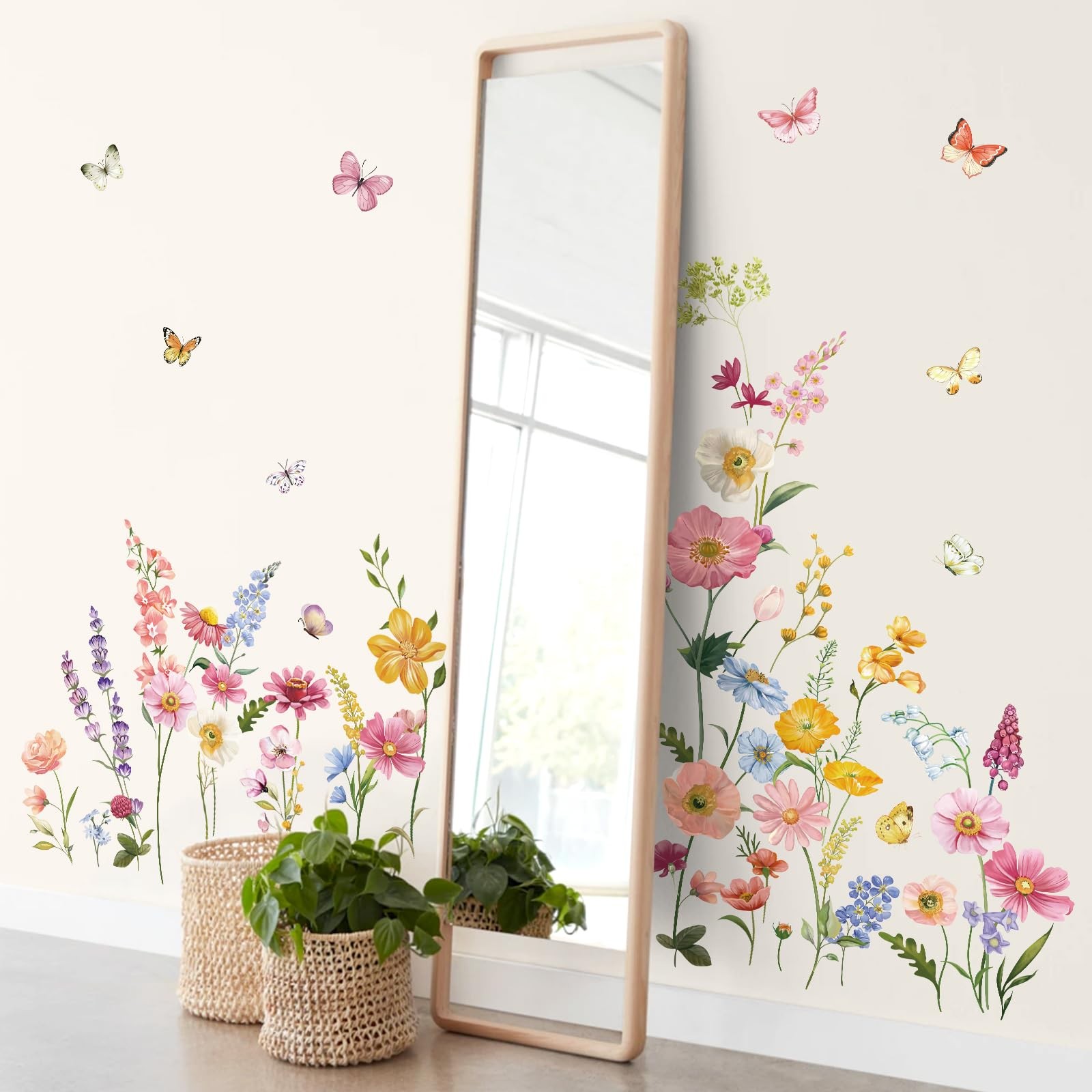 decalmile Flower Wall Decals Daisy Wildflower Grass Butterflies Multi Color