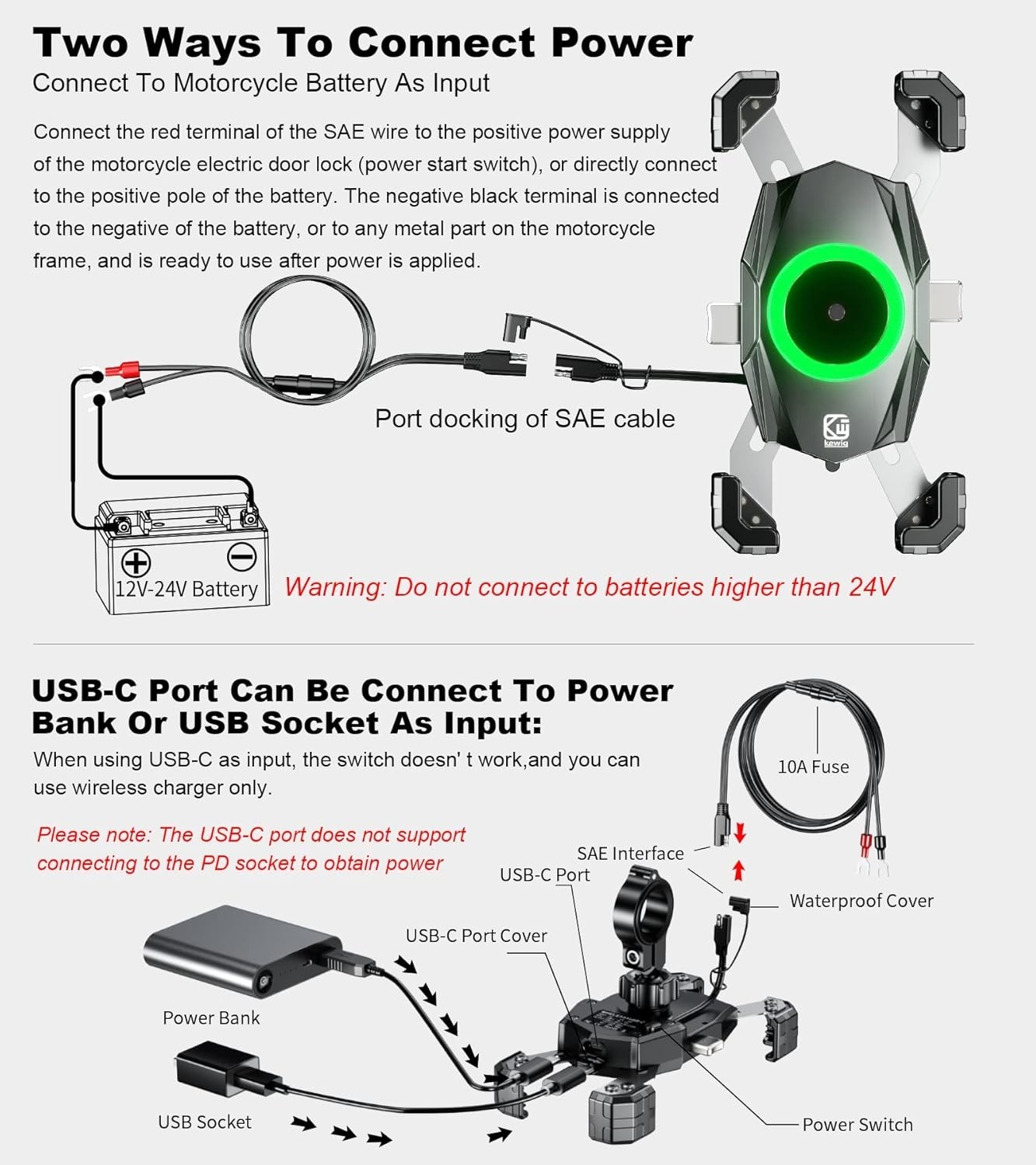 Motorcycle Fork Stem Phone Mount with Qi 15W Wireless Charger & Black