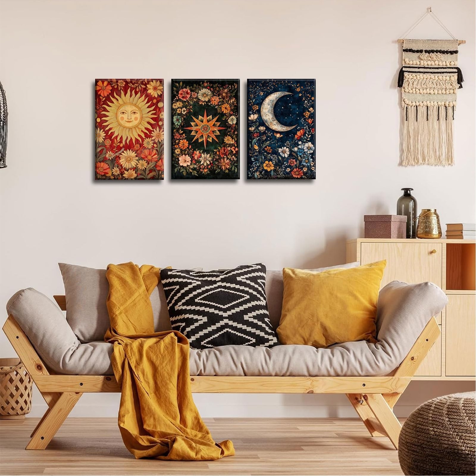 3Pcs Tarot Canvas Wall Art Sun And Moon Celestial painting Decor Pictures Ast…