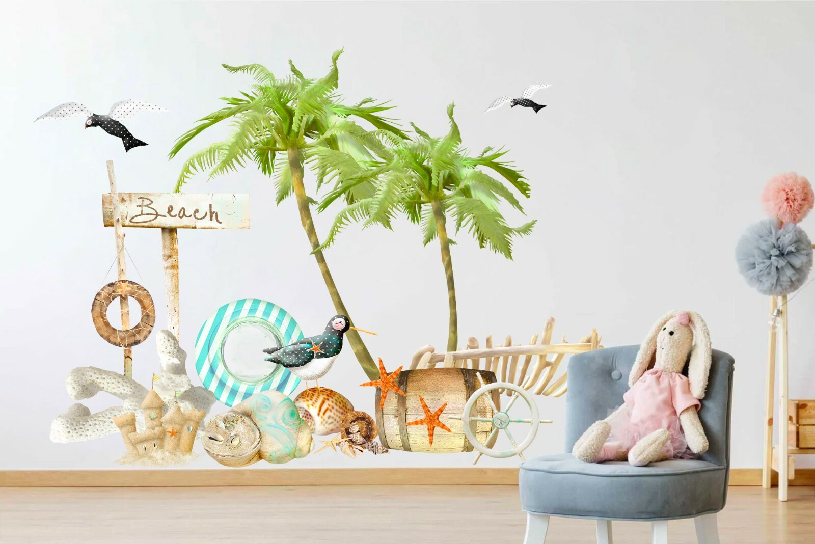 Beach Seagull Coconut Tree Swimming Ring Wall Fabric Decal Set Sticker Boy Decor