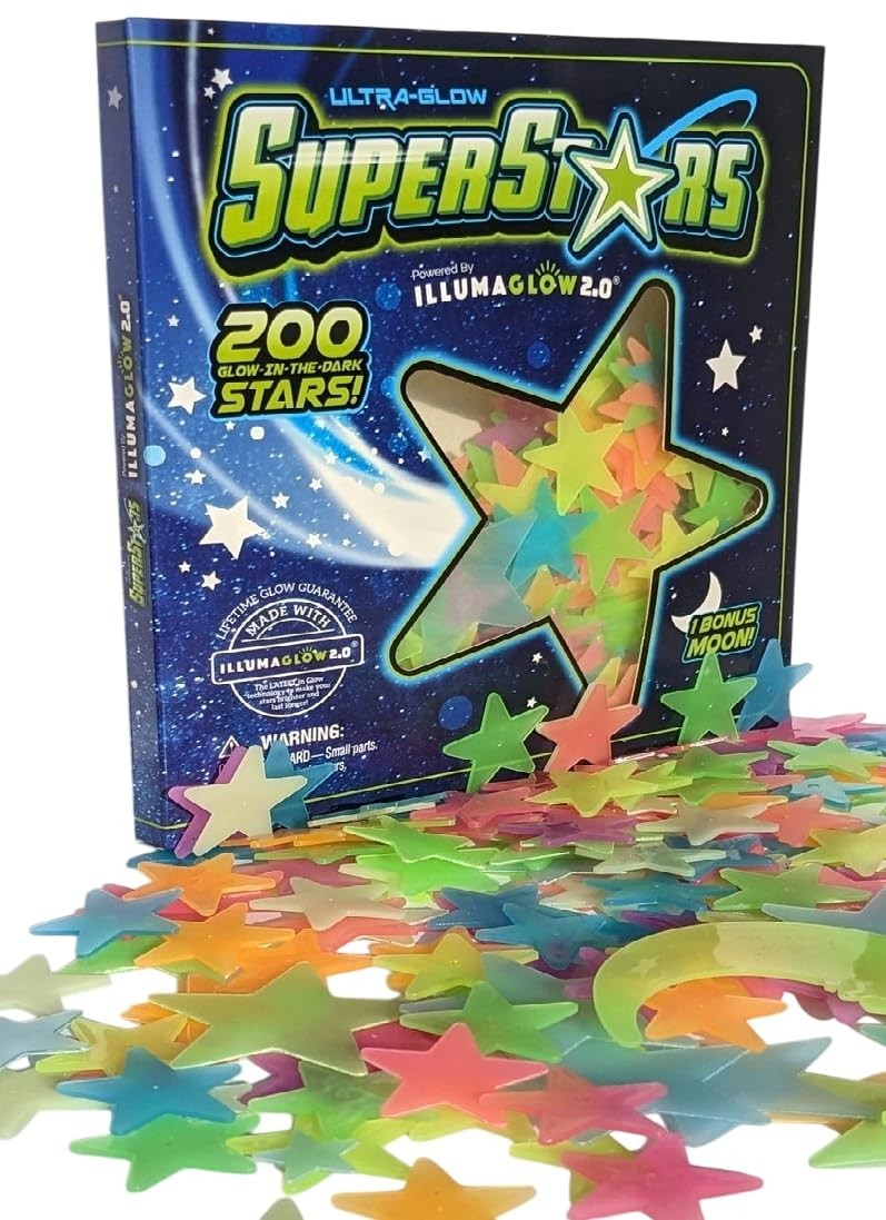 Multi-Colored Glow Stars Set – 200 Room Stickers with Bonus Moon for Kids' Décor