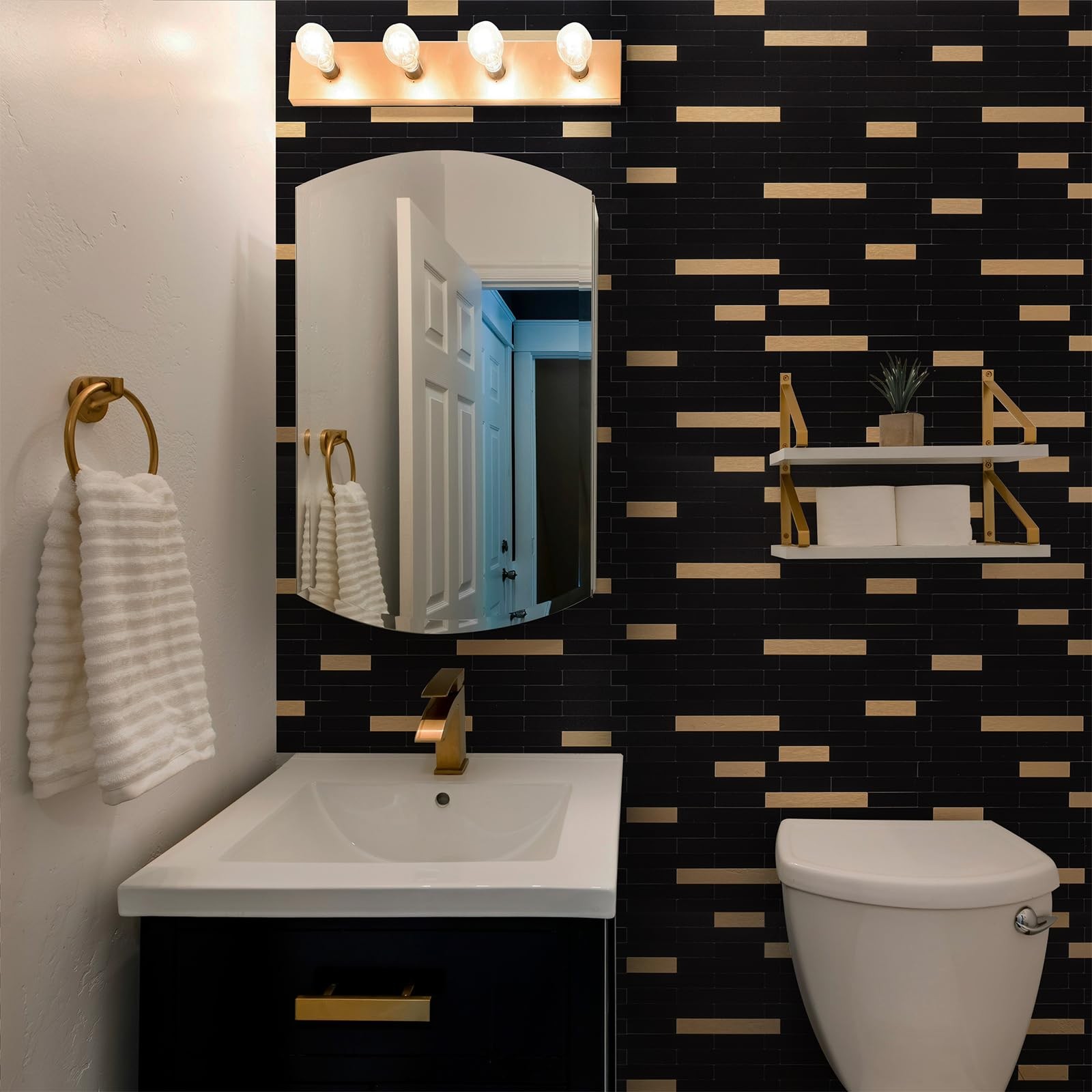 StyloVue 20 Sheets Peel and Stick Tile Backsplash, Black with Metal Gold Look…