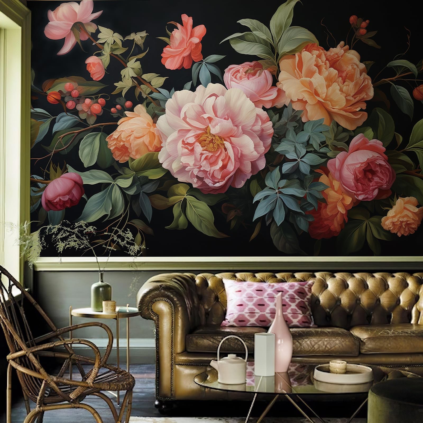 Large Floral Peel and Stick Wall Murals 148" W x 98" H Vintage 3D Dark Peony …