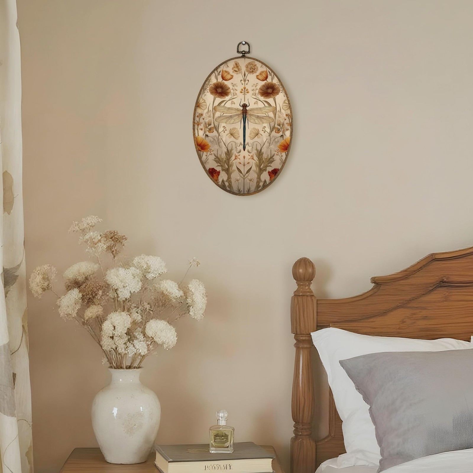 LKETW Vintage Floral Dragonfly Oval Wall Art Decor, Cottagecore Flower Dragon…