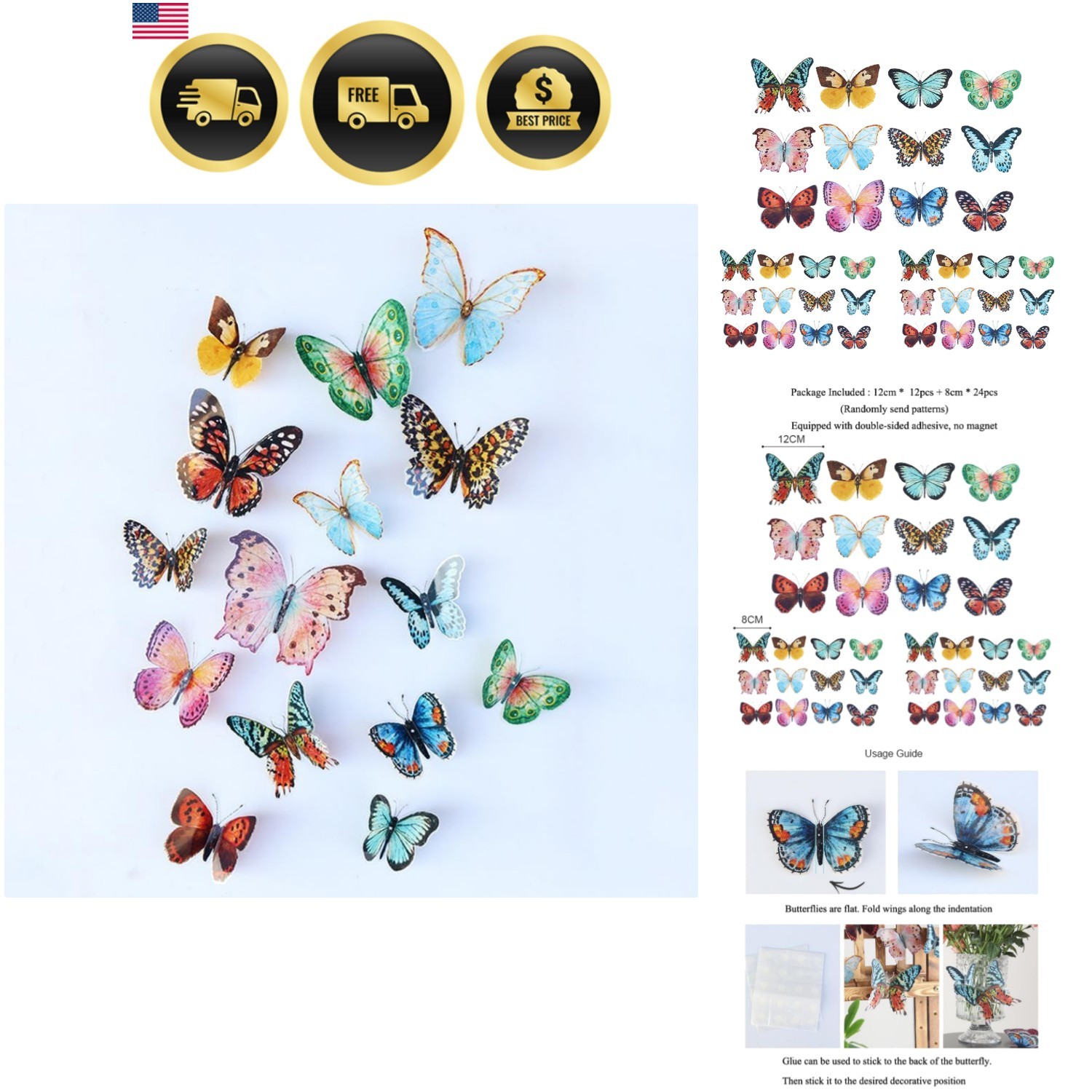 36 Pcs Watercolor Butterfly 3D Wall Stickers Butterflies Room Home Decoration…