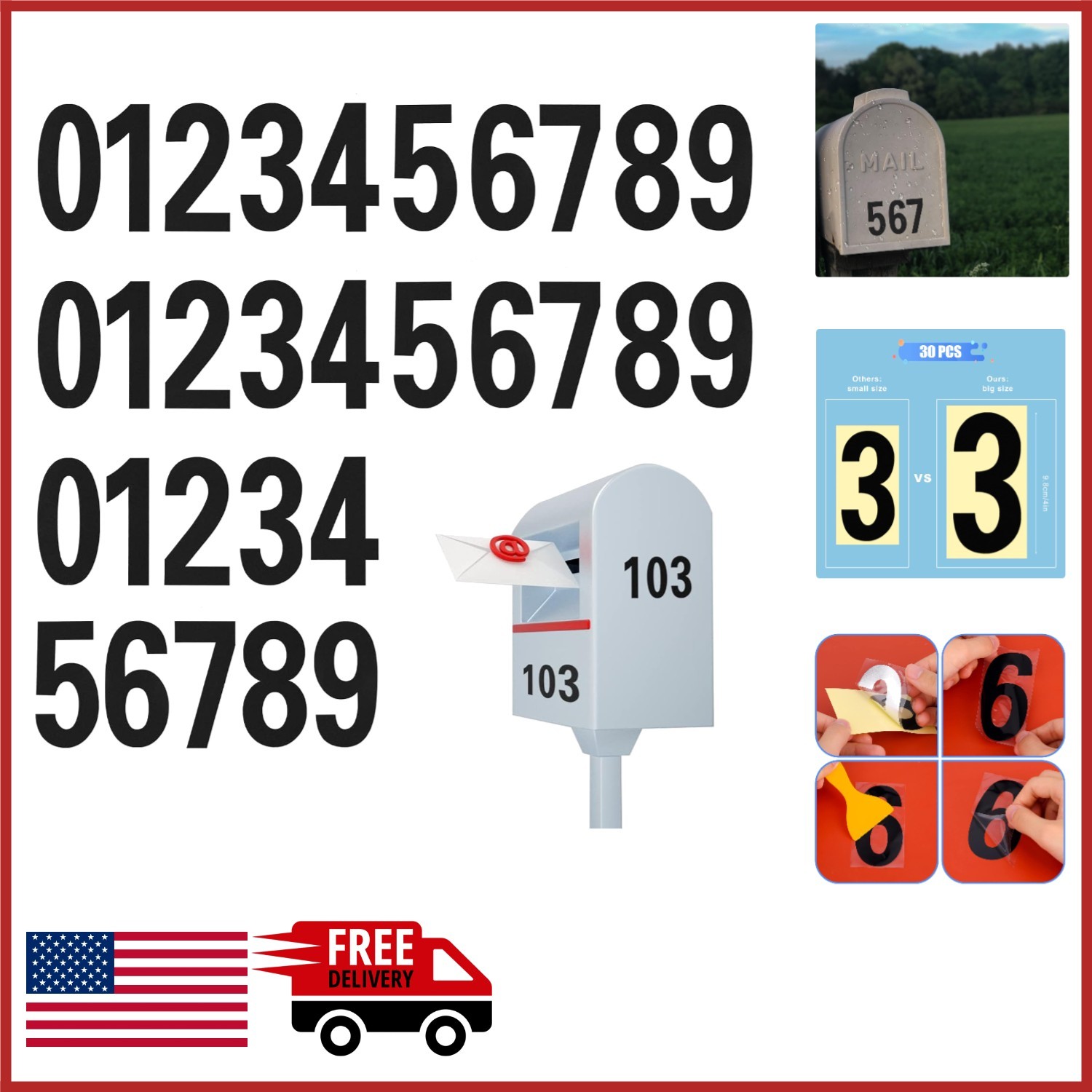 Reflective Mailbox Numbers Stickers 4 Inch Black PVC Vinyl 30 Count