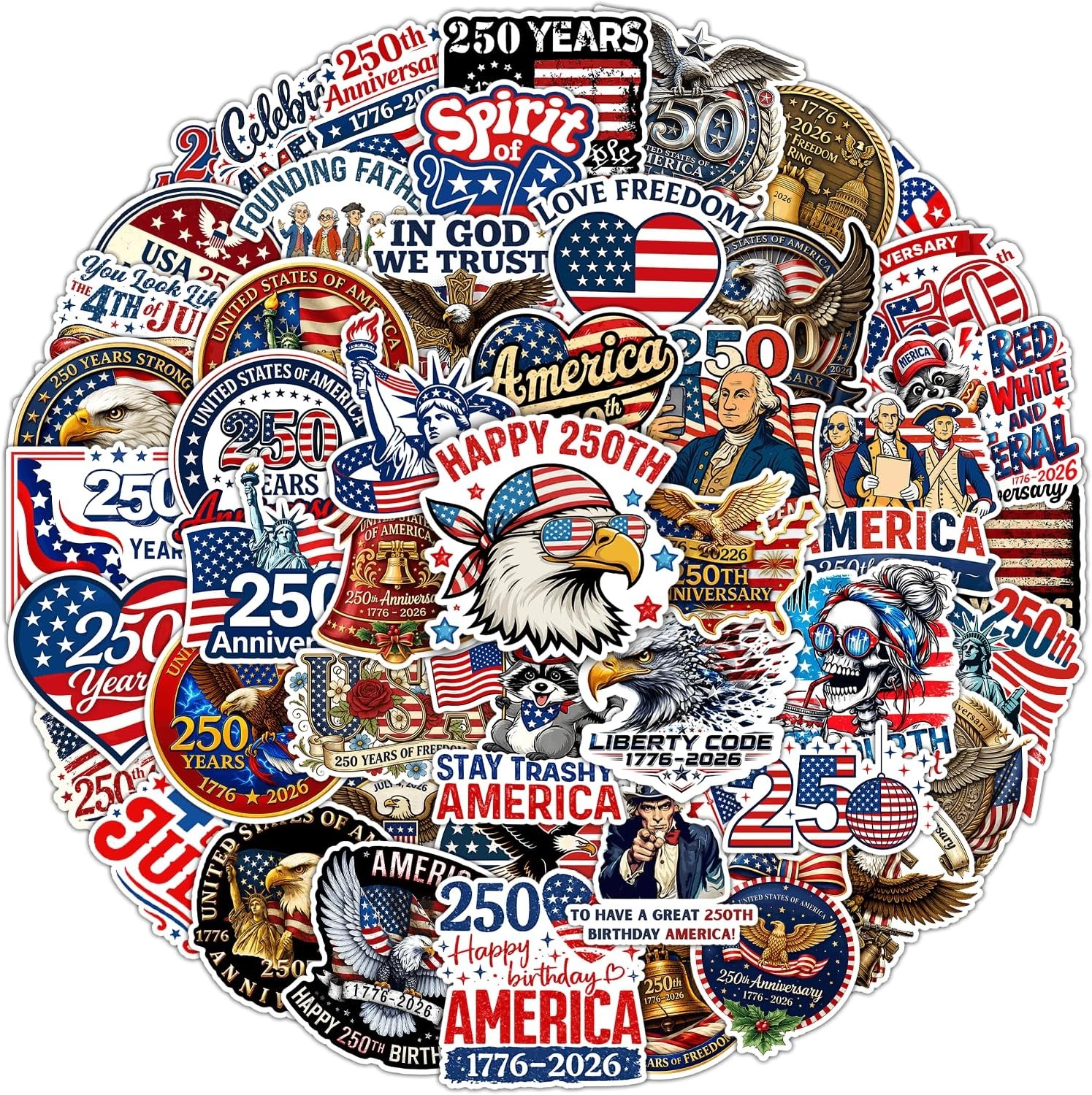 50pcs 250th Anniversary USA Stickers 1776-2026 Patriotic