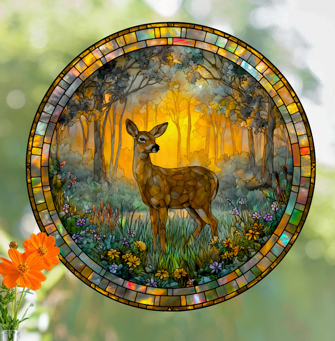 Deer Faux Stained-Glass WINDOW CLING Size 8" Round, Repositionable Vinyl