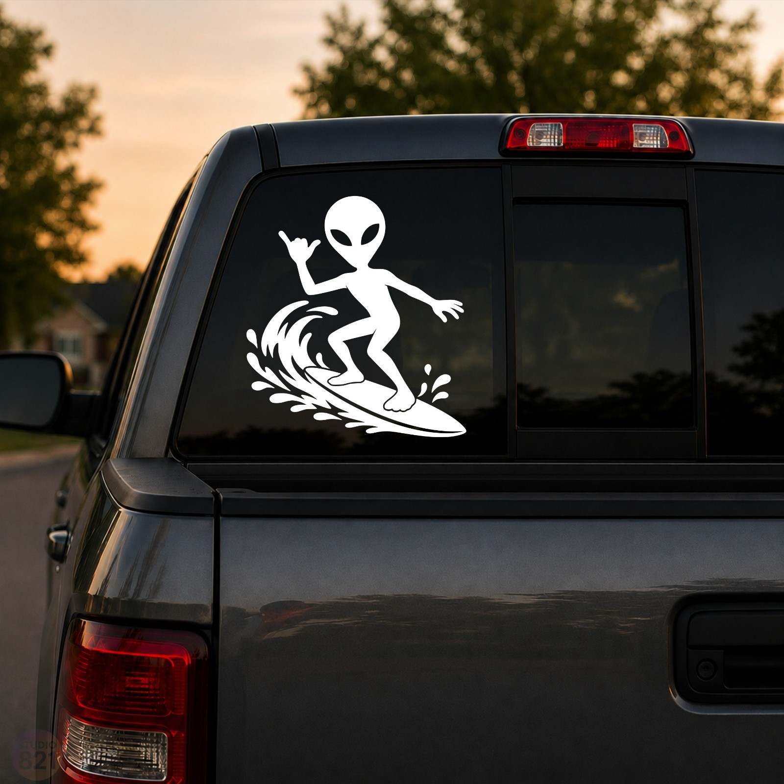 Alien Head Surfer Decal | UFO Area 51 Sticker | Car Truck Window Vinyl | Fun