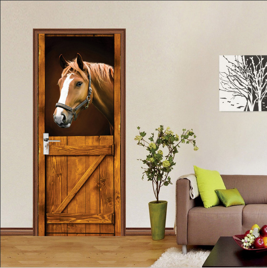 3D Self Adhesive Vintage Stable Horse Door Sticker Wall Decor Mural Wallpaper