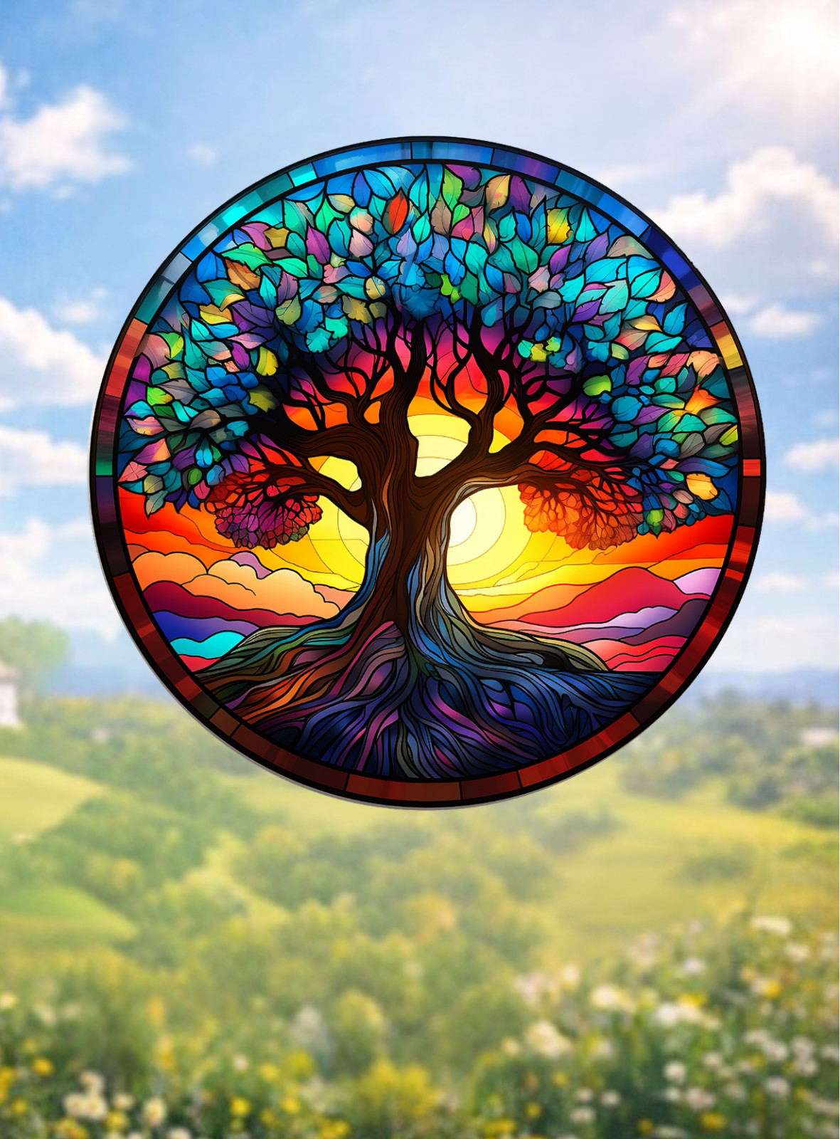 Tree of Life Round Faux Stained-Glass WINDOW CLING Size 8" Round Vinyl
