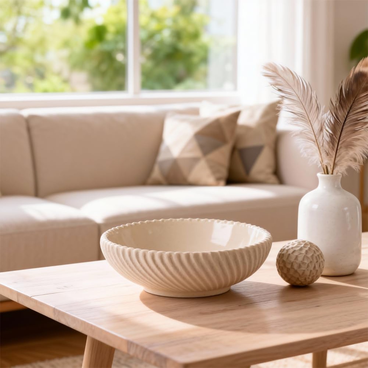Large Resin Decorative Pedestal Bowl for Home Decor – Sandstone Ribbed Fruit …