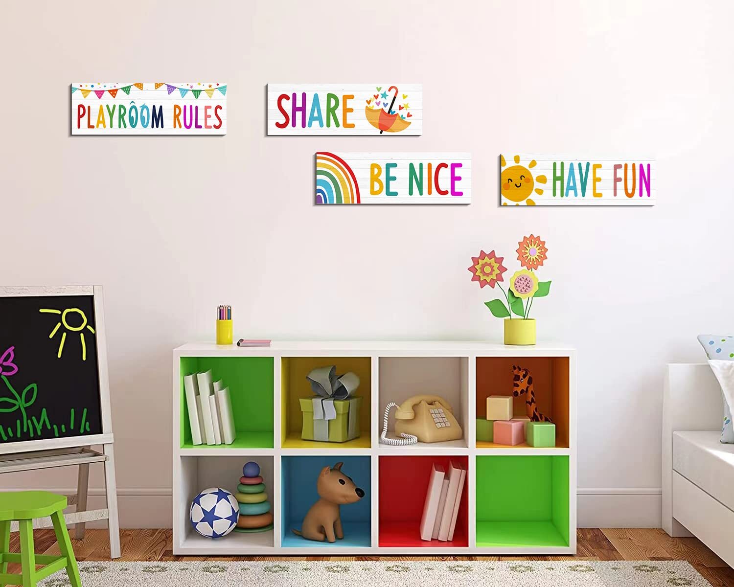 Playroom Sign Kids Wall Decor 4Pcs Rules Quotes Be Nice Share Have Fun Wooden