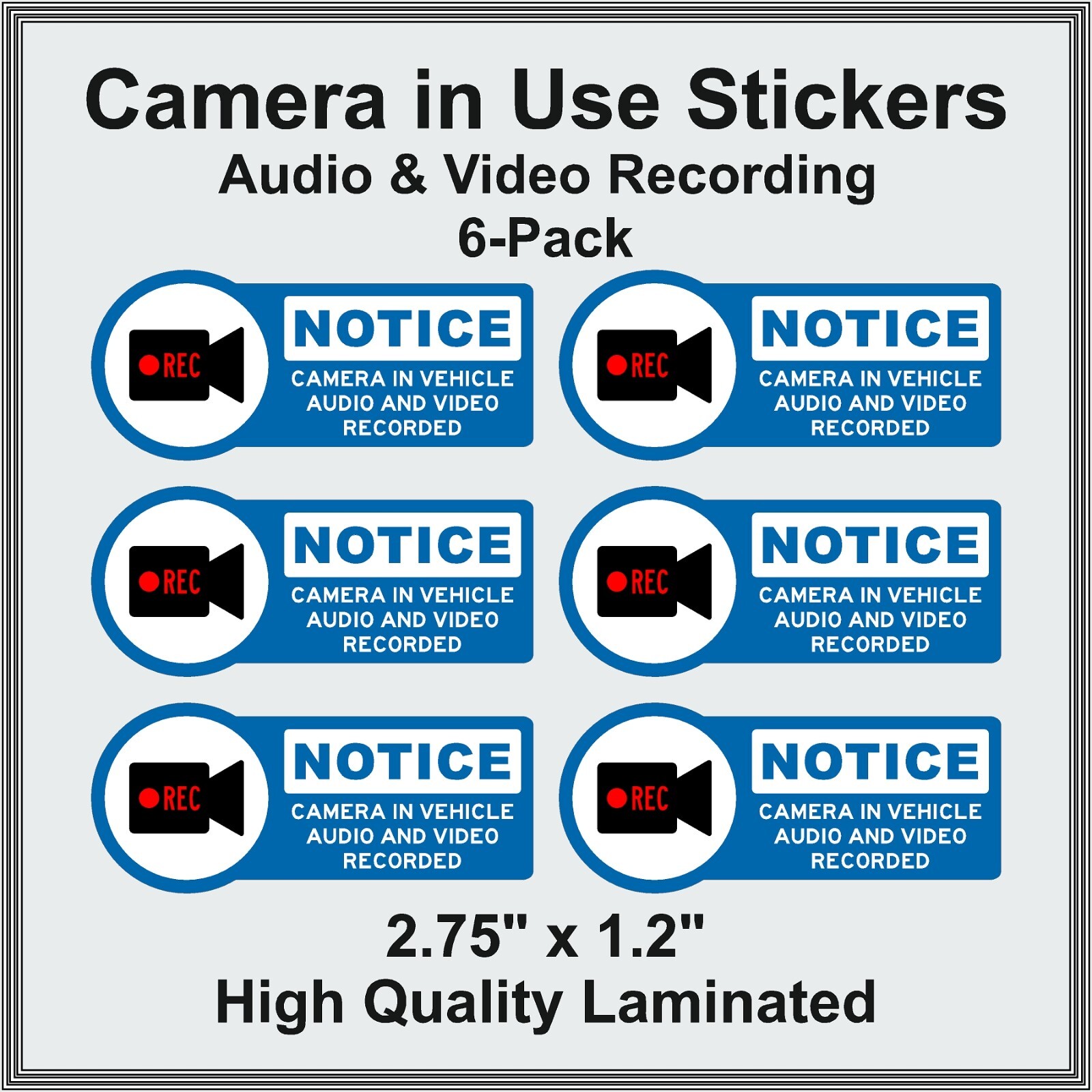 Camera in Car Recording Video 6-Pack Decals Blue & White 2.75" x 1.2" for Uber