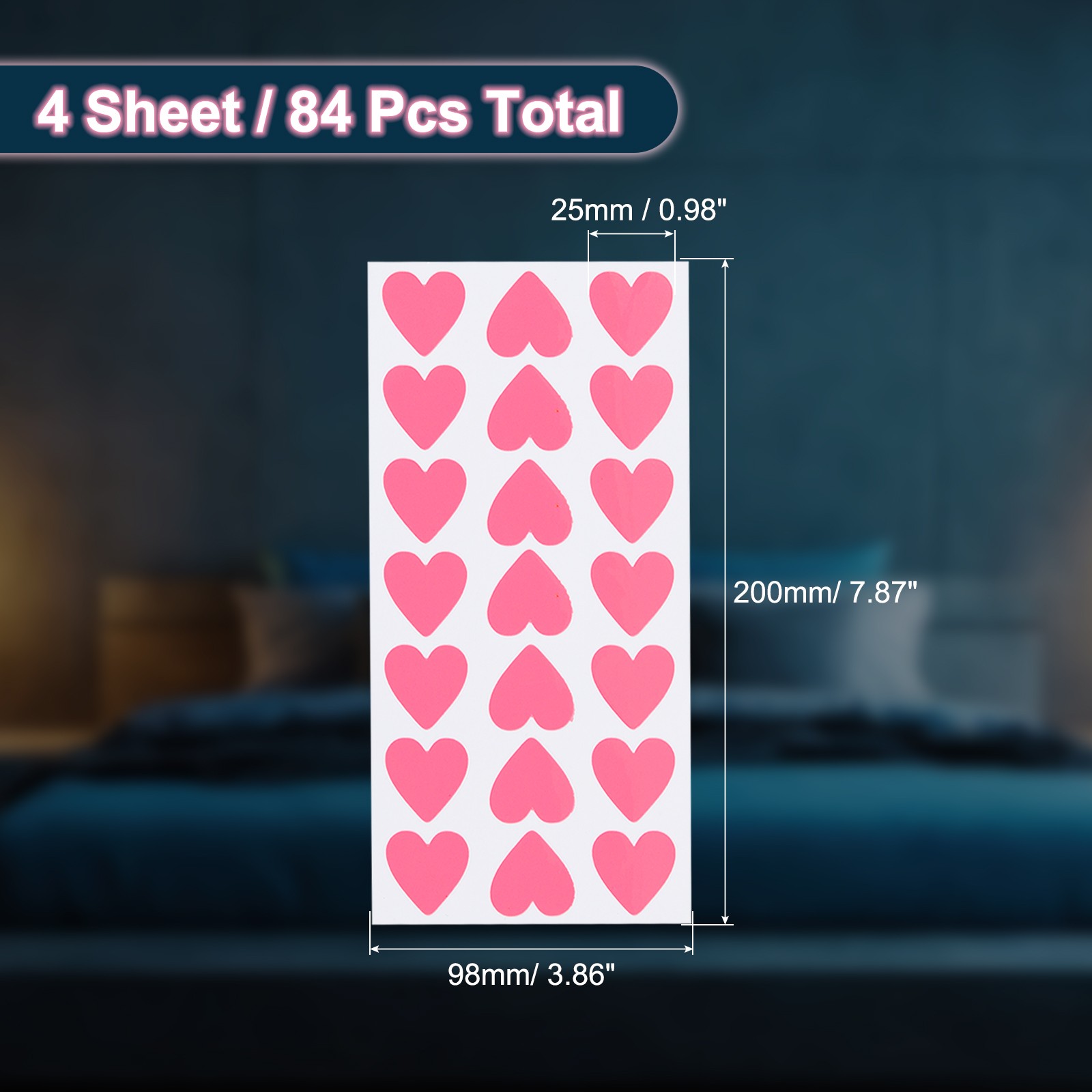 84 Pcs Glow in the Dark Heart Stickers, Heart Luminous Decor, Pink