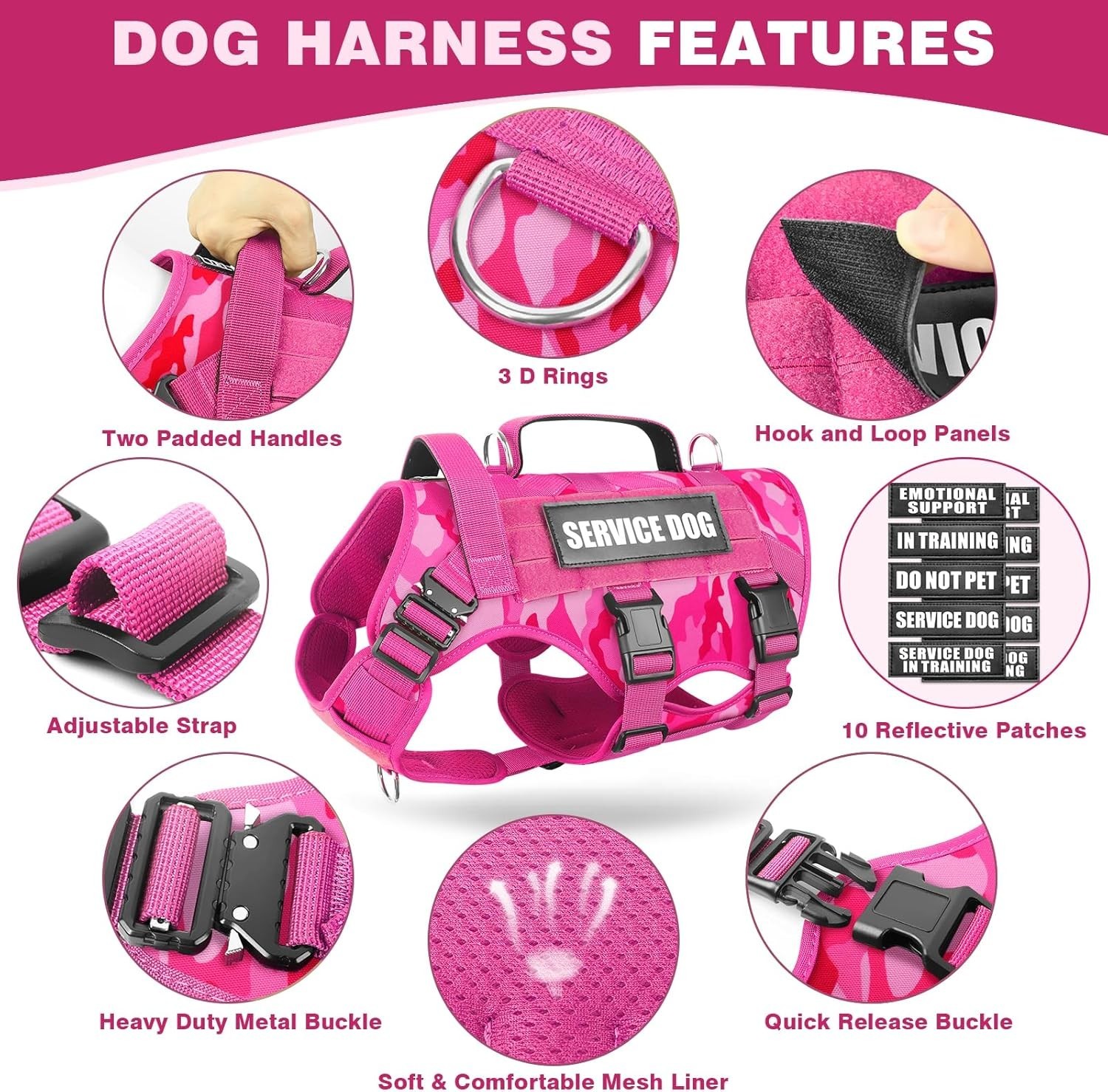 Service Dog Vest Harness for Medium Dog, Tactical Working MOLLE Vest with 10 Pet