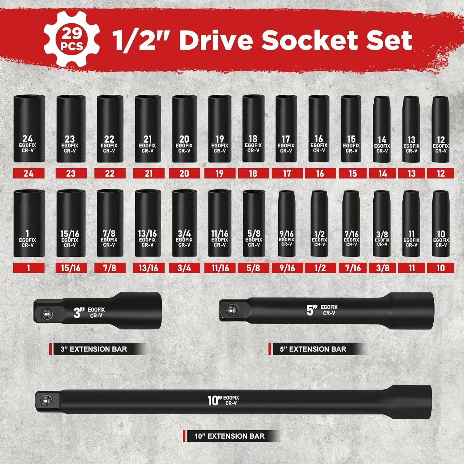 29 Pieces 1/2" Socket Set, Drive Deep Impact Socket Set with 3", 5", 10" Extensi