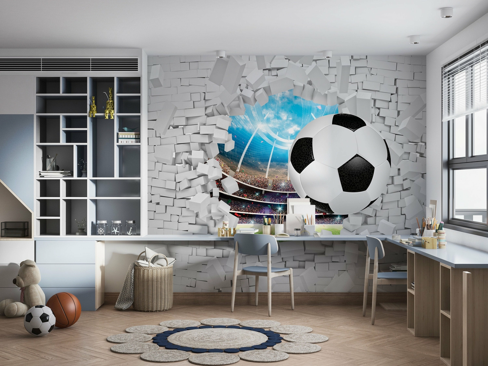 Soccer Ball Through A Brick Wall Wallpaper – Large Wall Mural – Self-adhesive