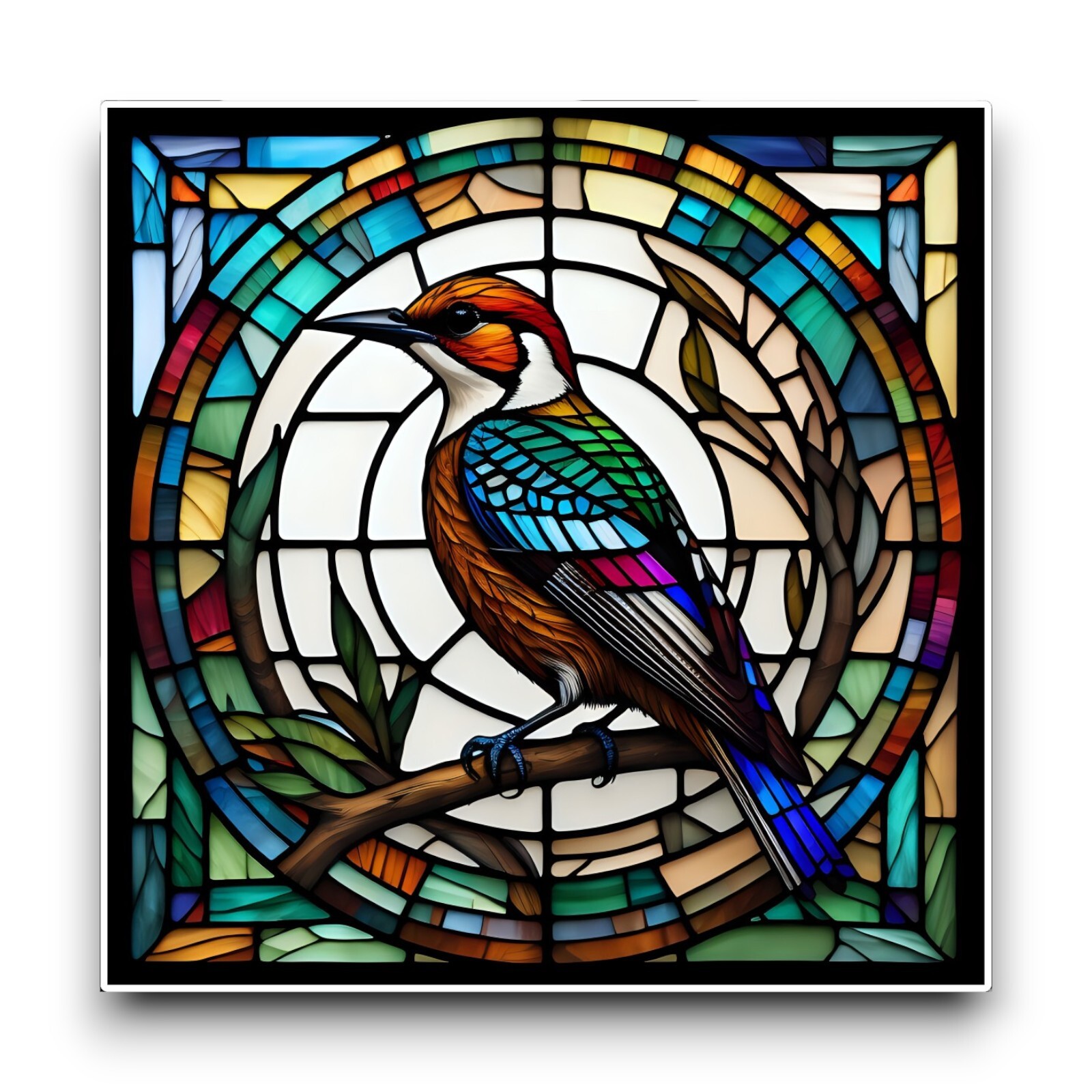 LARGE Cute Woodpecker Wild Bird Square Stained Glass Window Vinyl Sticker Decal