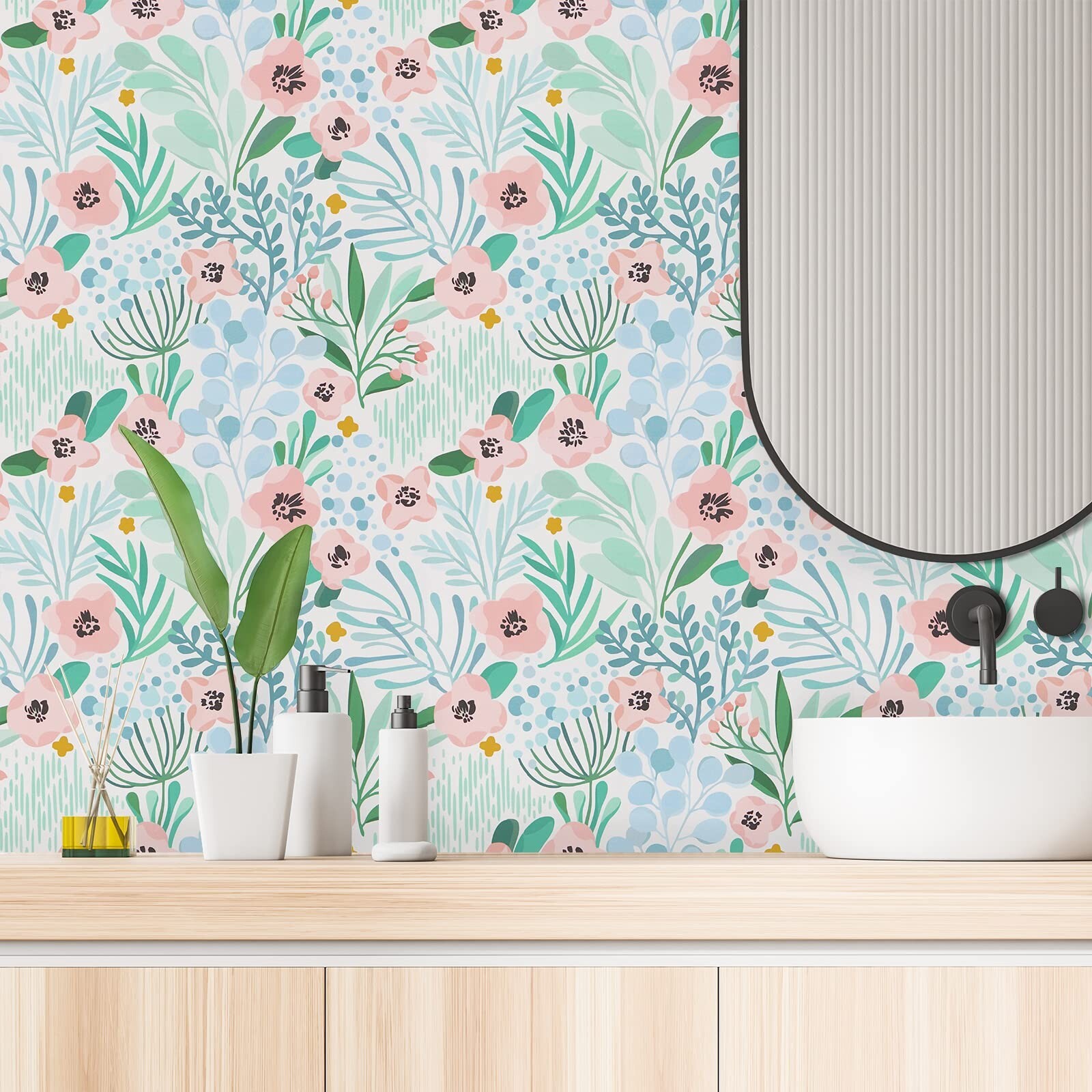 VaryPaper 17.7"x315" Pink/Blue/Green Floral Wallpaper Peel and Stick Wallpa…