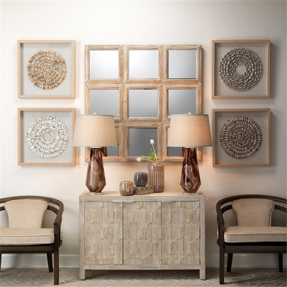 Maklaine Contemporary Shell Circular Pine Wood Framed Wall Art in White