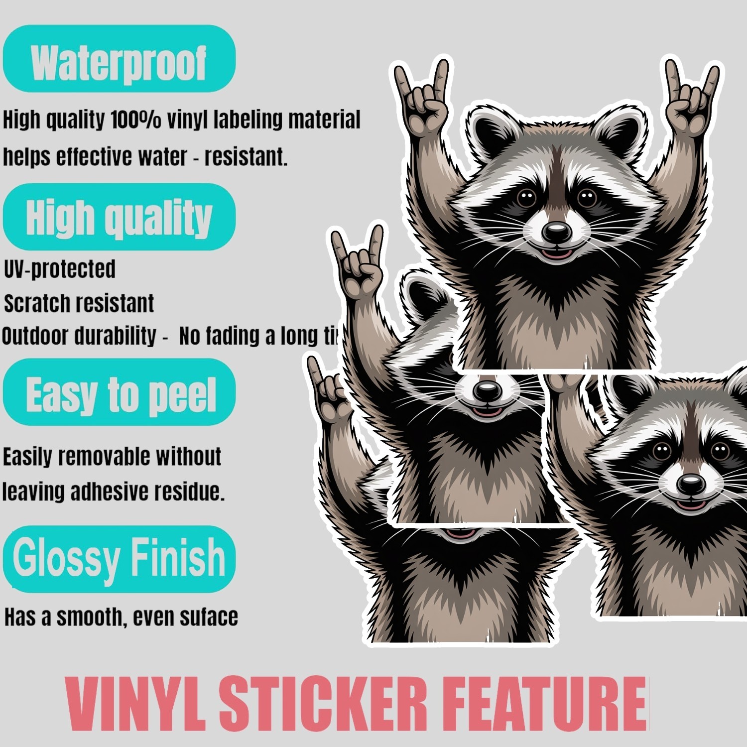 Funny Rocking Raccoon Stickers: Waterproof Vinyl Decals – 4 Pack