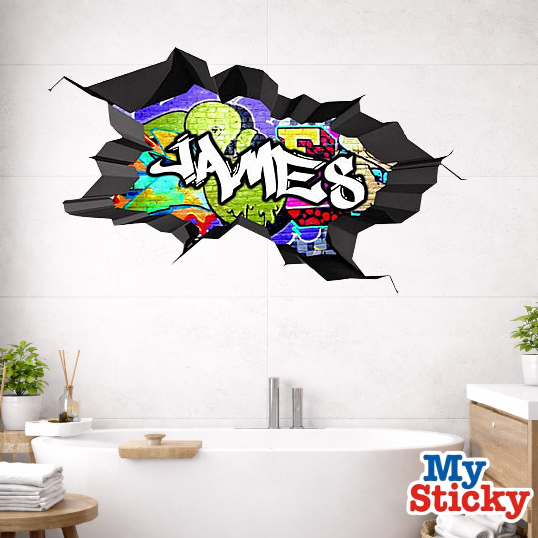 Custom Graffiti Name Wall Decal 3D Breakthrough Gamer Room Street Art Sticker
