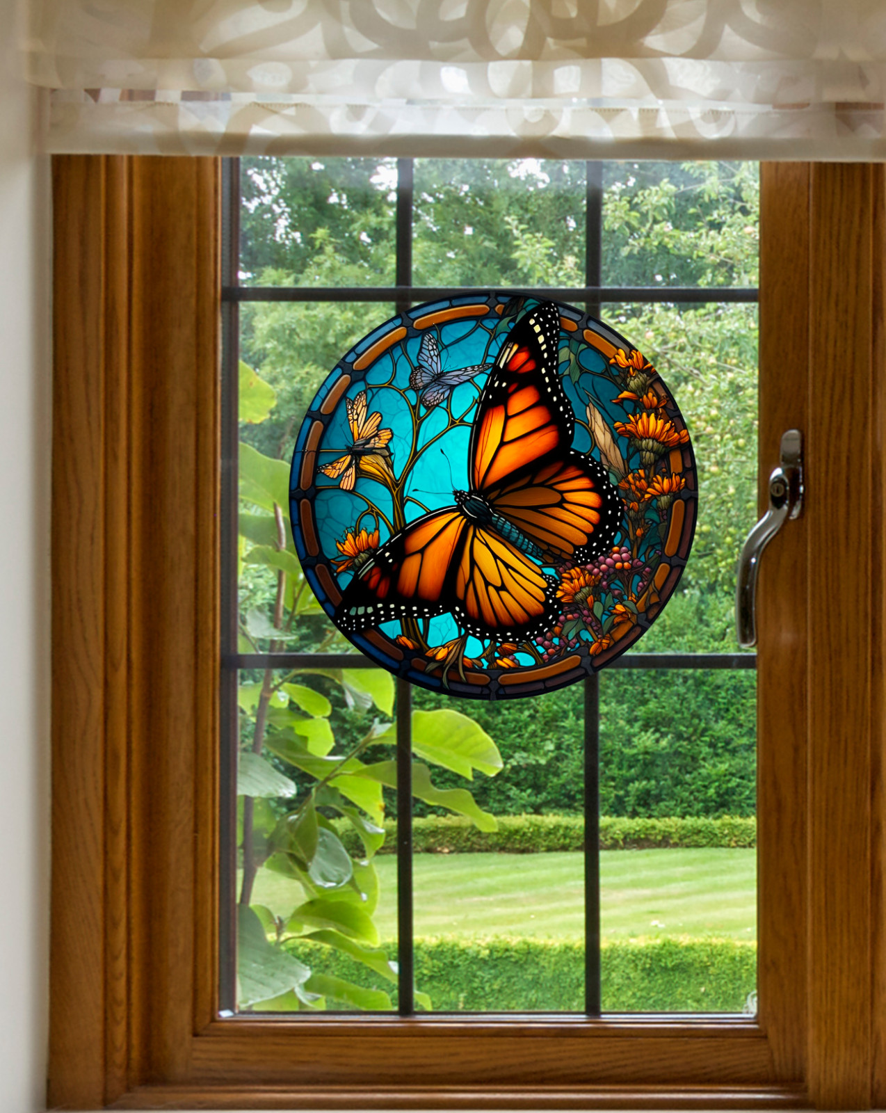 Monarch Butterfly Faux Stained-Glass WINDOW CLING Size 8" Round Vinyl