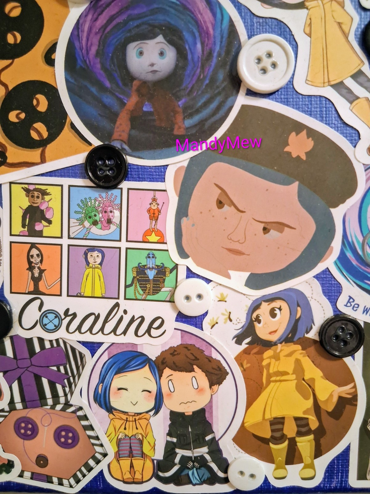 MandyMew Coraline Vinyl Sticker Collage Art, Multicolor & real buttons, 8×10 in