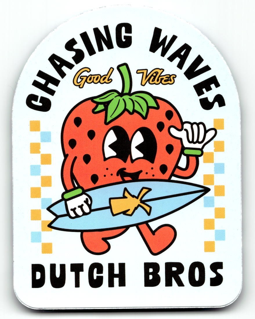 Dutch Bros Sticker May 2024 Chasing Waves Strawberry Surfboard – Free Shipping