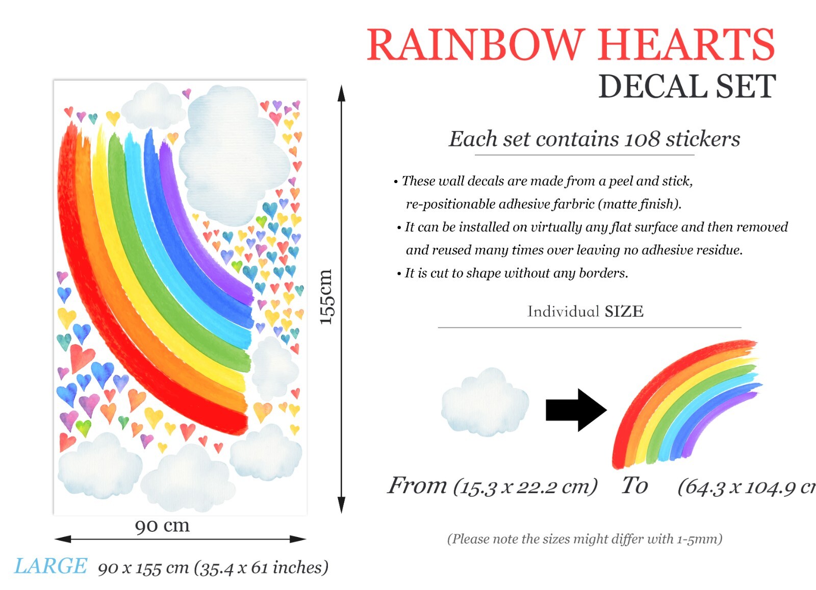 Watercolor Rainbow Colorful Hearts Removable Wall Fabric Decal Set Sticker