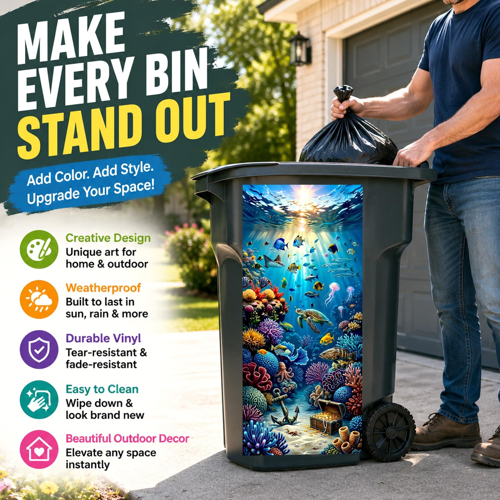 Flower Wheelie Bin Stickers Large Art Garbage Can Decals for Outside