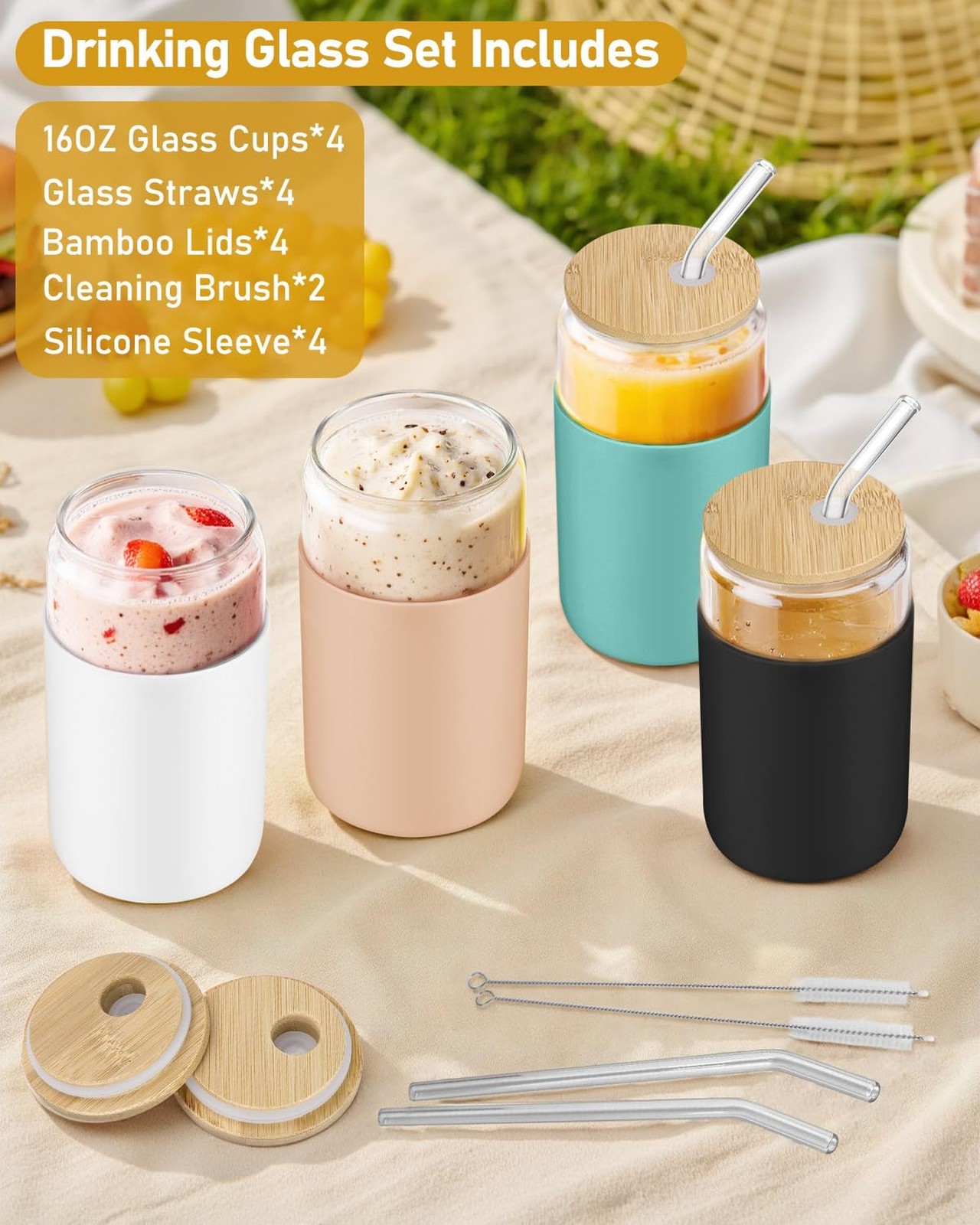 sungwoo Glass Cups with Lids and Straws, 4 Pack 16OZ Iced Coffee Cups with Si…