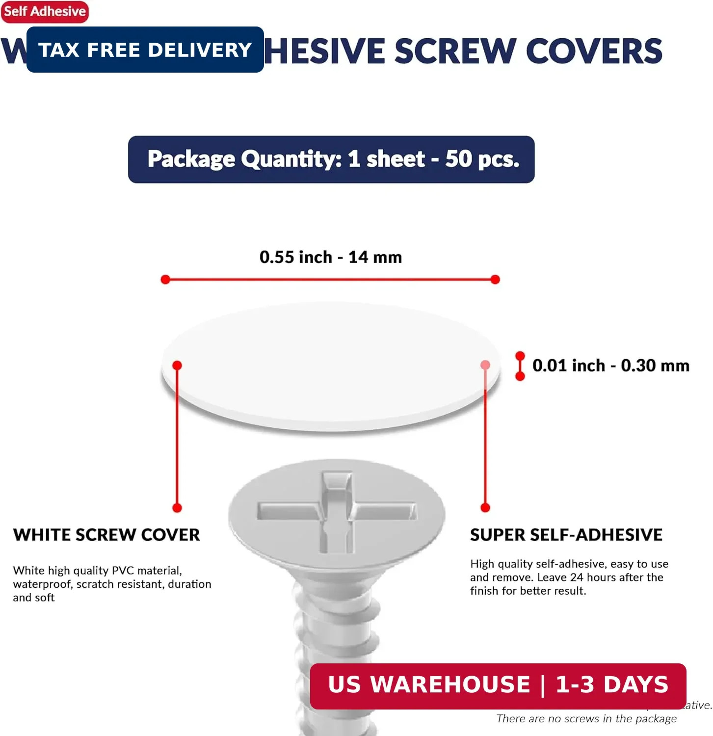 White Self-Adhesive Screw Hole Stickers – 50 pcs. 0.55 inch / 14 mm Peel Stick D
