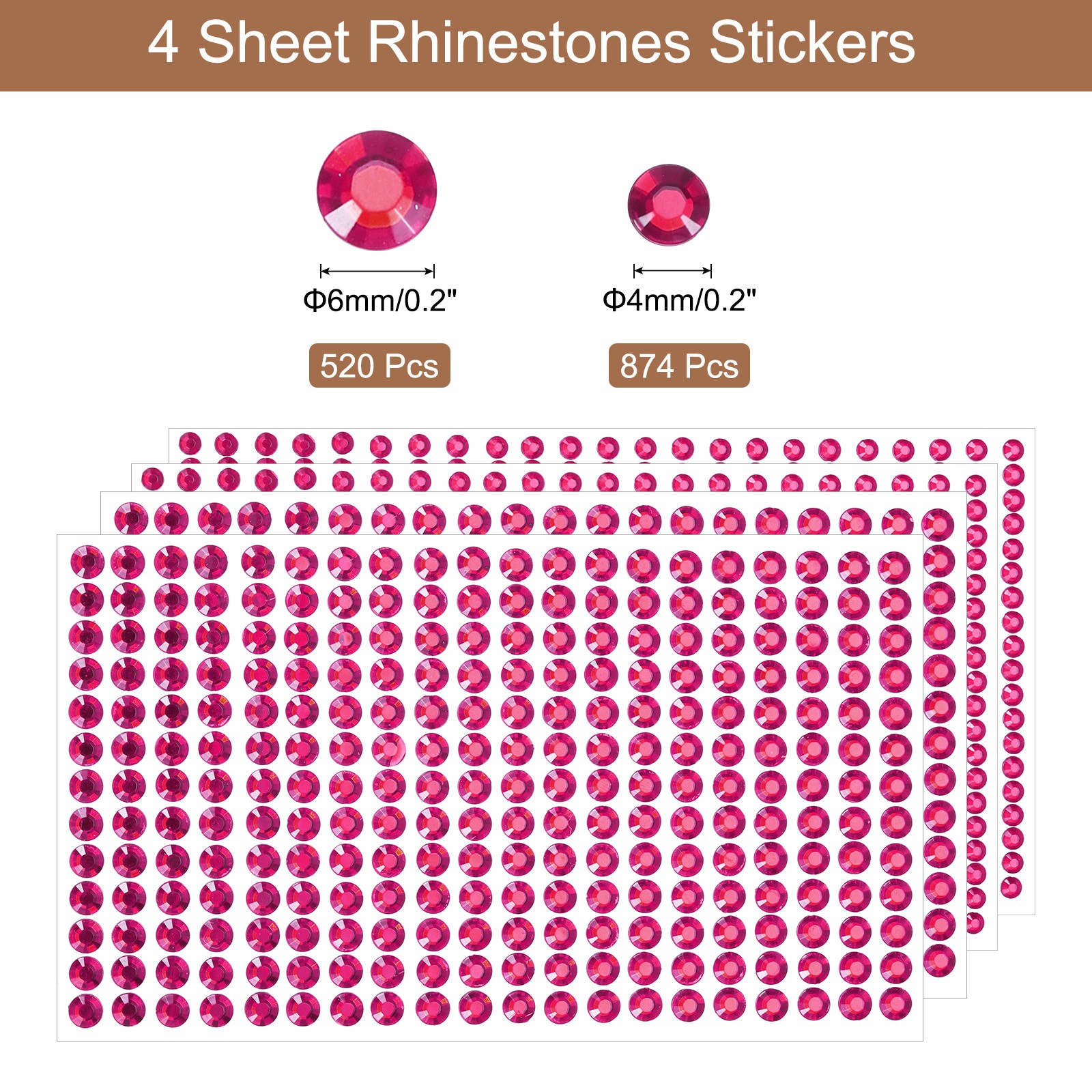 1394Pcs 4mm/6mm Self-Adhesive Rhinestone Stickers for Craft (4 Sheet Rose)