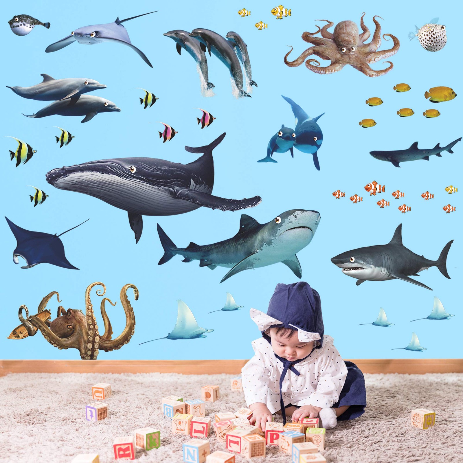 4 Sheets of 12inch x 18inch 3D Removable Ocean Animals Wall Sticker Under The…