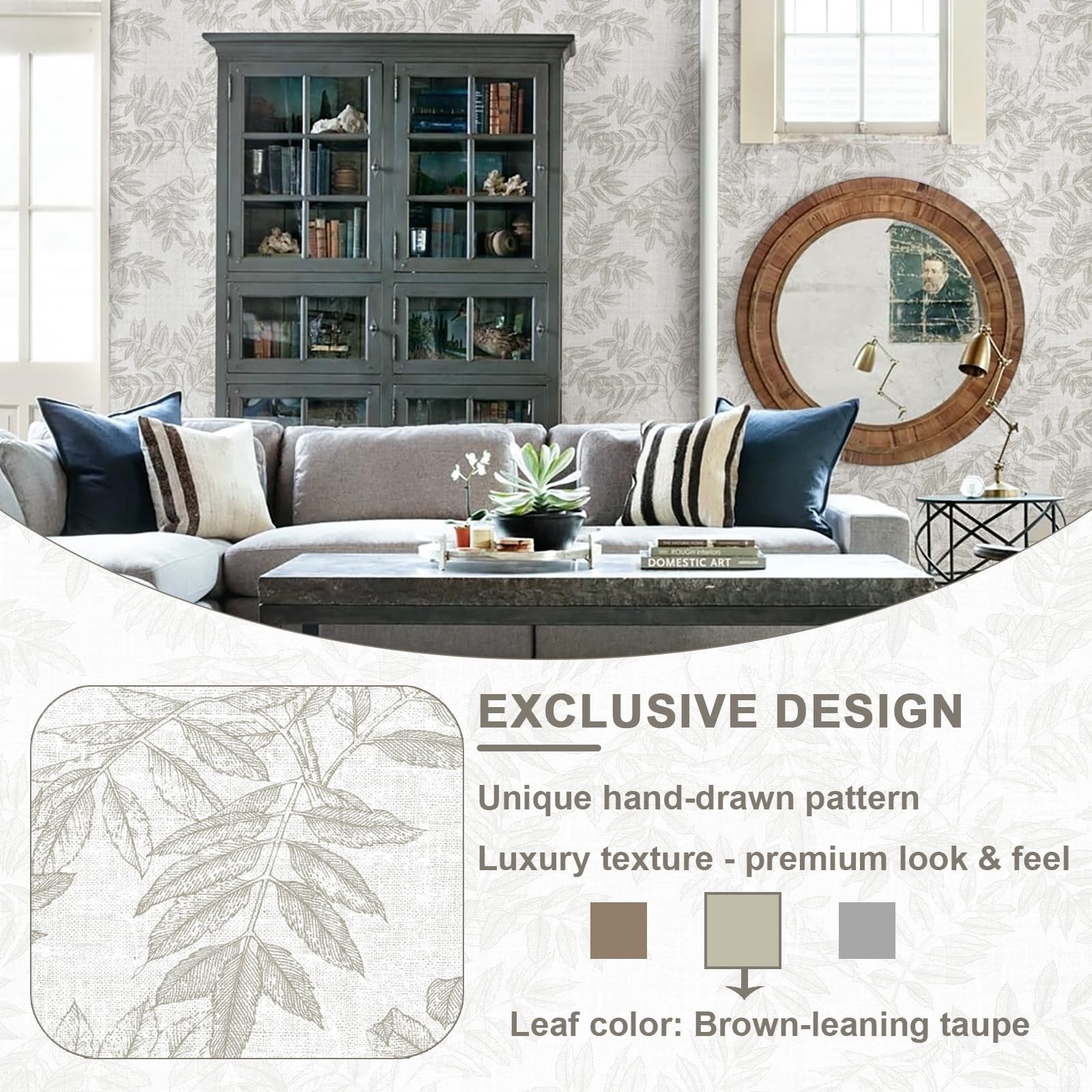 393inL 17.3inW Neutral Leaf Peel and Stick Wallpaper Boho Contact Paper for C…