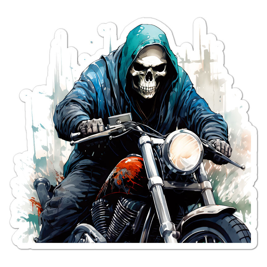 Grim Reaper Motorcycle, Vinyl Decal Sticker, Indoor Outdoor, 3 Sizes, #11059