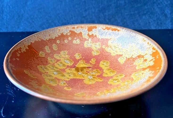 Baba Shinemon Japanese Crystal Glaze Tea Bowl Gold Orange Chawan Signed