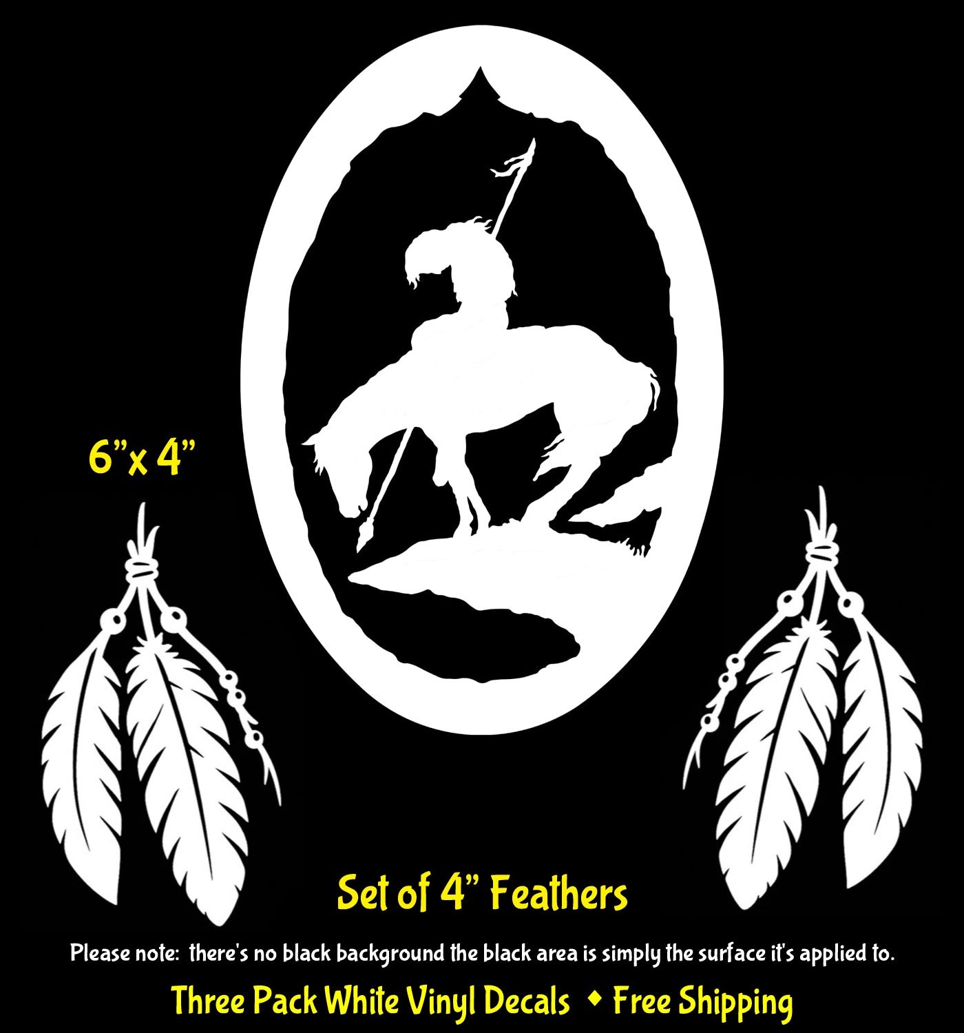 End of the Trail Native American & Two 4" Feathers White Vinyl Decals Window Car