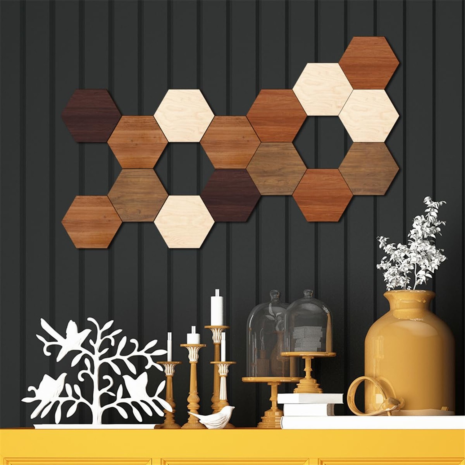 Wooden Hexagon Wall Stickers, 15 PCS Multi Color Wood Wall Art Decals, 3D Hex…