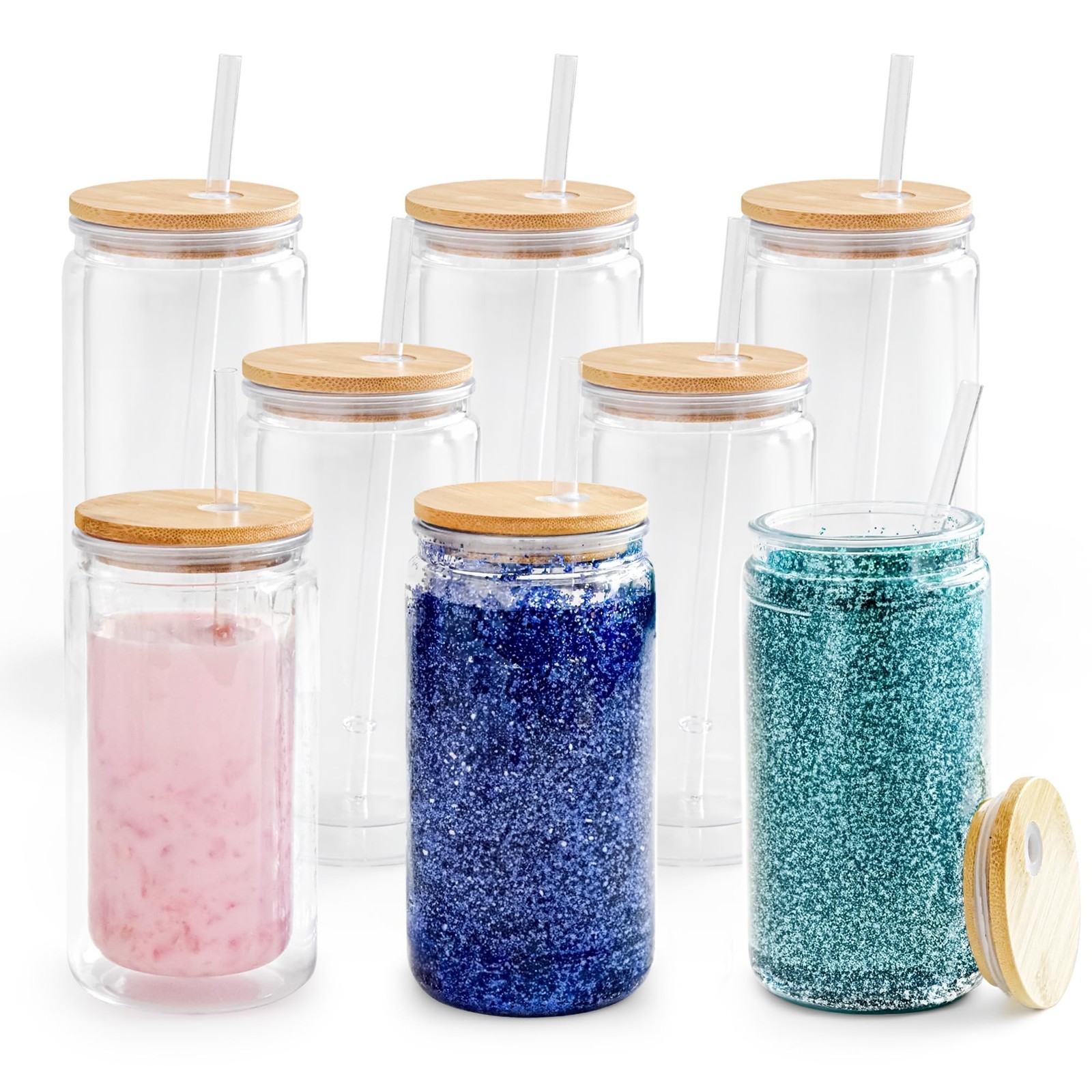 8 Pack Acrylic Snow Globe Tumbler with Bamboo Lids and Straws 16 oz Plastic S…
