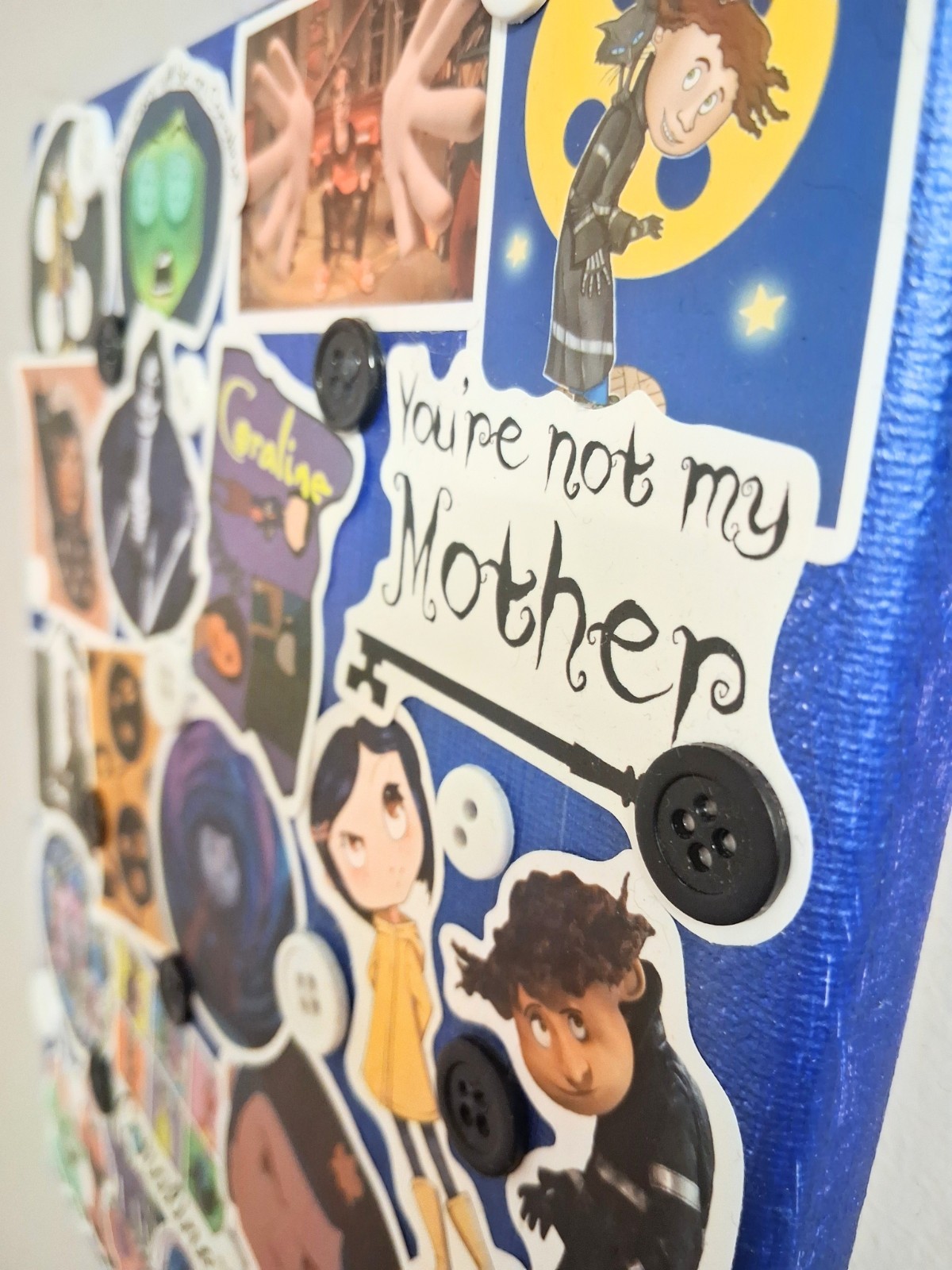 MandyMew Coraline Vinyl Sticker Collage Art, Multicolor & real buttons, 8×10 in